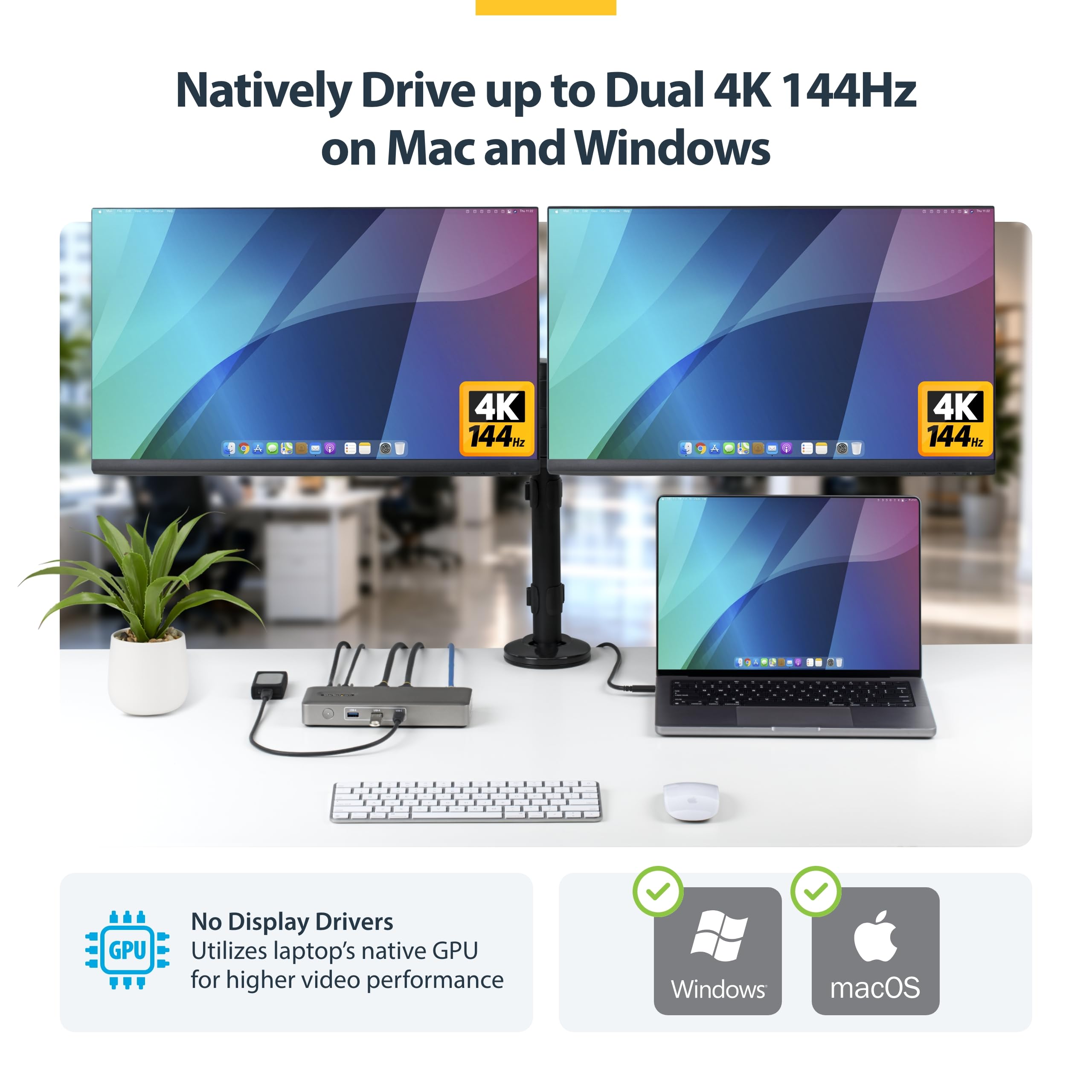 StarTech Stacja dokująca USB4, podwójna stacja dokująca 4K bez sterownika do macOS i Windows, uniwersalna stacja dokująca USB-C z ładowaniem laptopa 100 W i 2,5 GbE