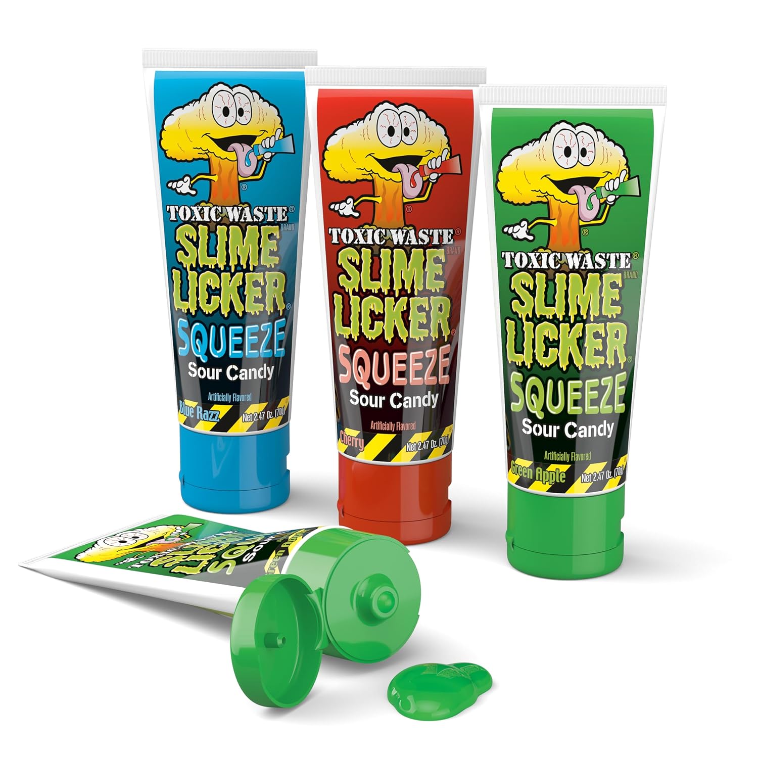 TOXIC WASTE - Slime Licker Squeeze - Sour Squeeze Slime Candy - Green Apple, Blue Razz, & Cherry Flavors - 2.47 oz. Tubes - 12-Pack