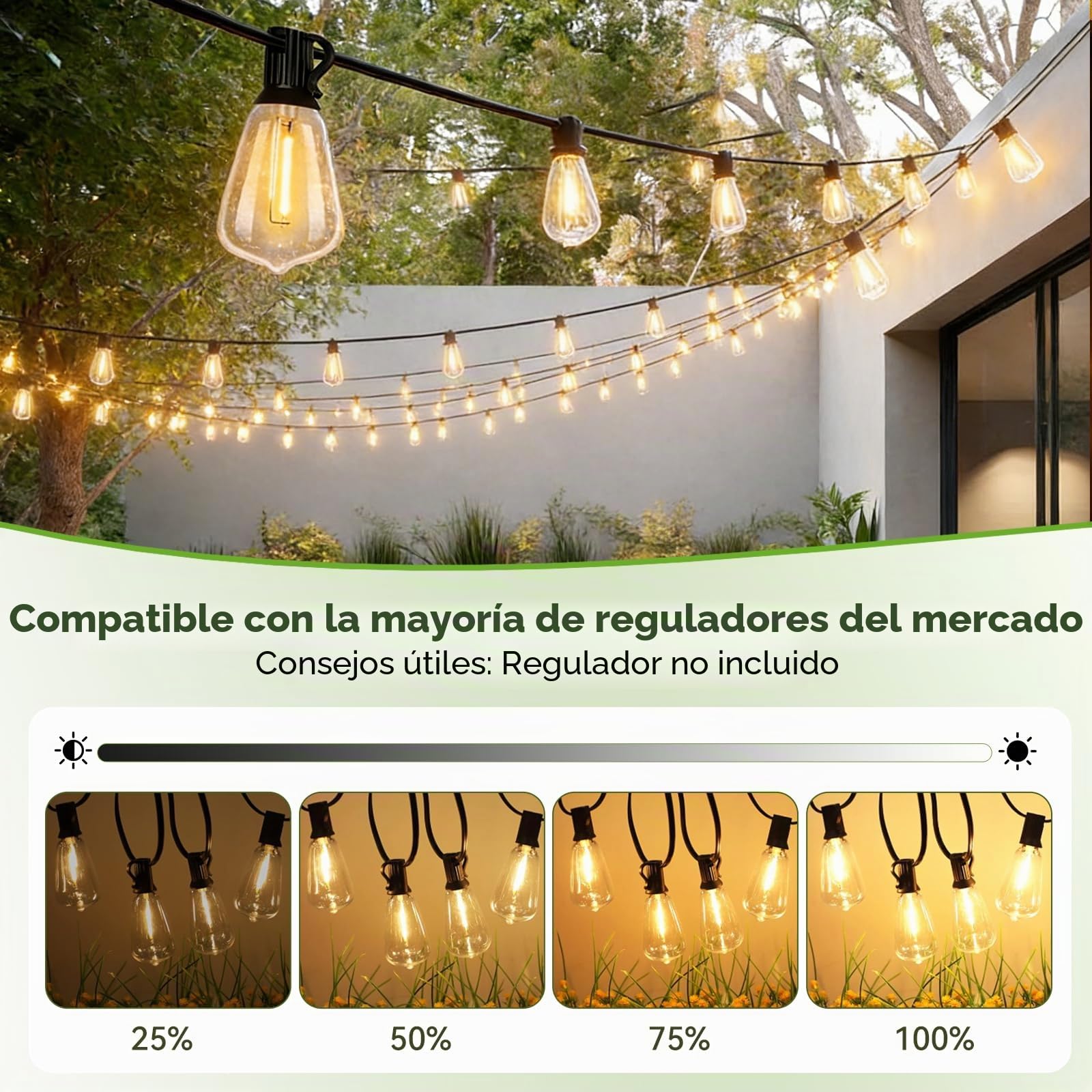 Cadena de Luces Exterior 150 pies, IP44 Impermeable, Bombillas LED ST38 (75+ 2 Bombillas de Recambio), Decoración para Jardín, Terraza, Boda y Festival