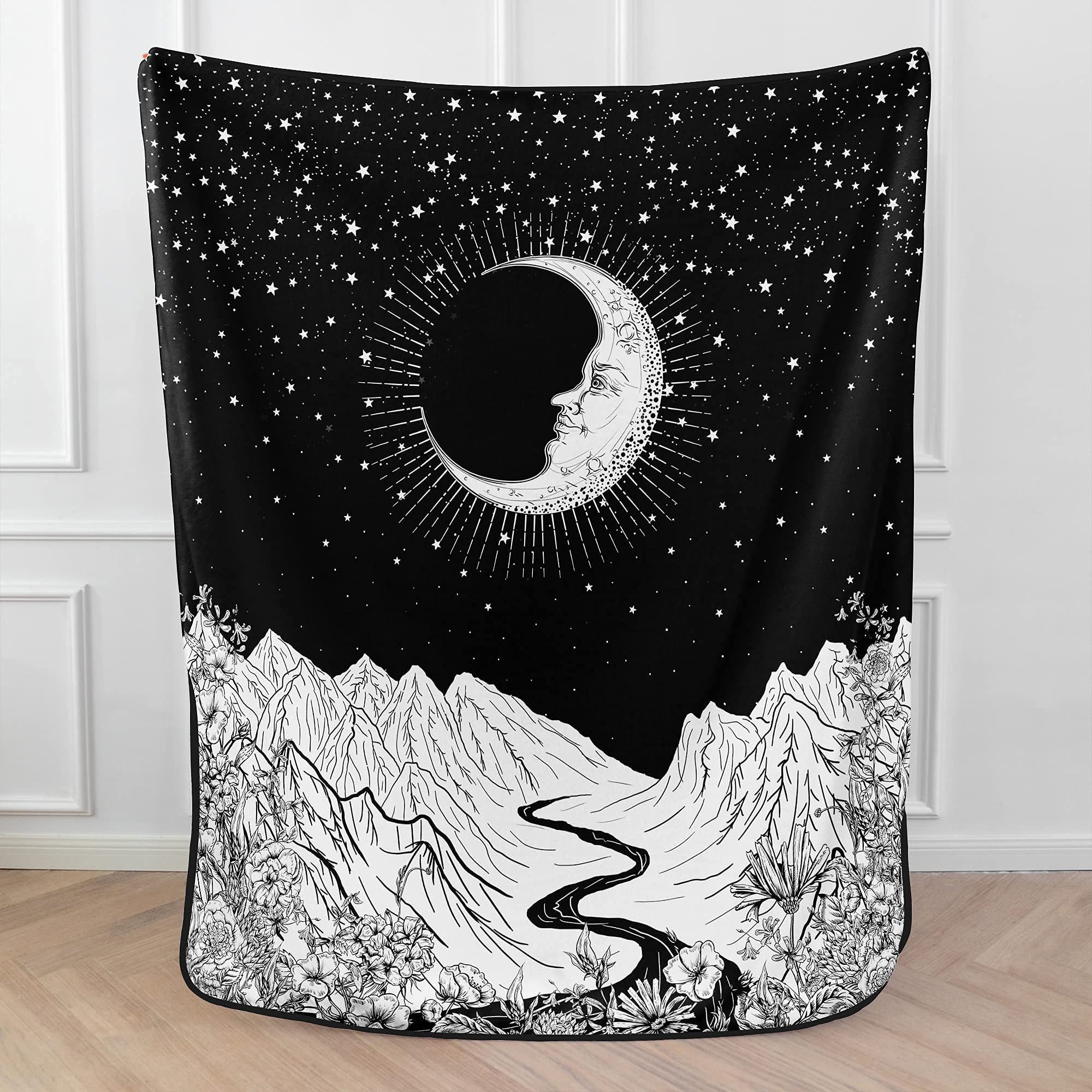 iLiveX Throw Blanket - Super Soft Premium Velvet Fleece - Warm and Cozy Throw Decorative for Bedroom Sofa Floor - Throw 50 x 60 - Black and White Moon Mountain