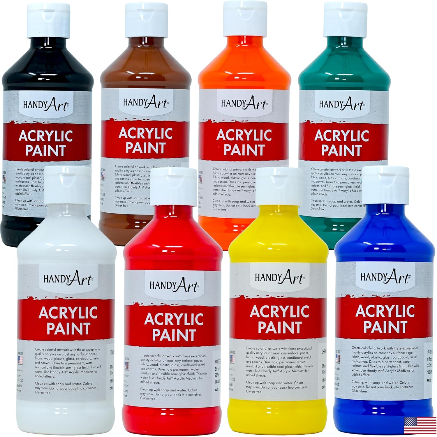 Handy Art Student Acrylic Paint Set of 8 Colors | 8 oz Bottles| Made in USA | AP Certified, Non-Toxic, Allergy Friendly | Semi-Gloss Finish for Canvas, Crafts & Classroom
