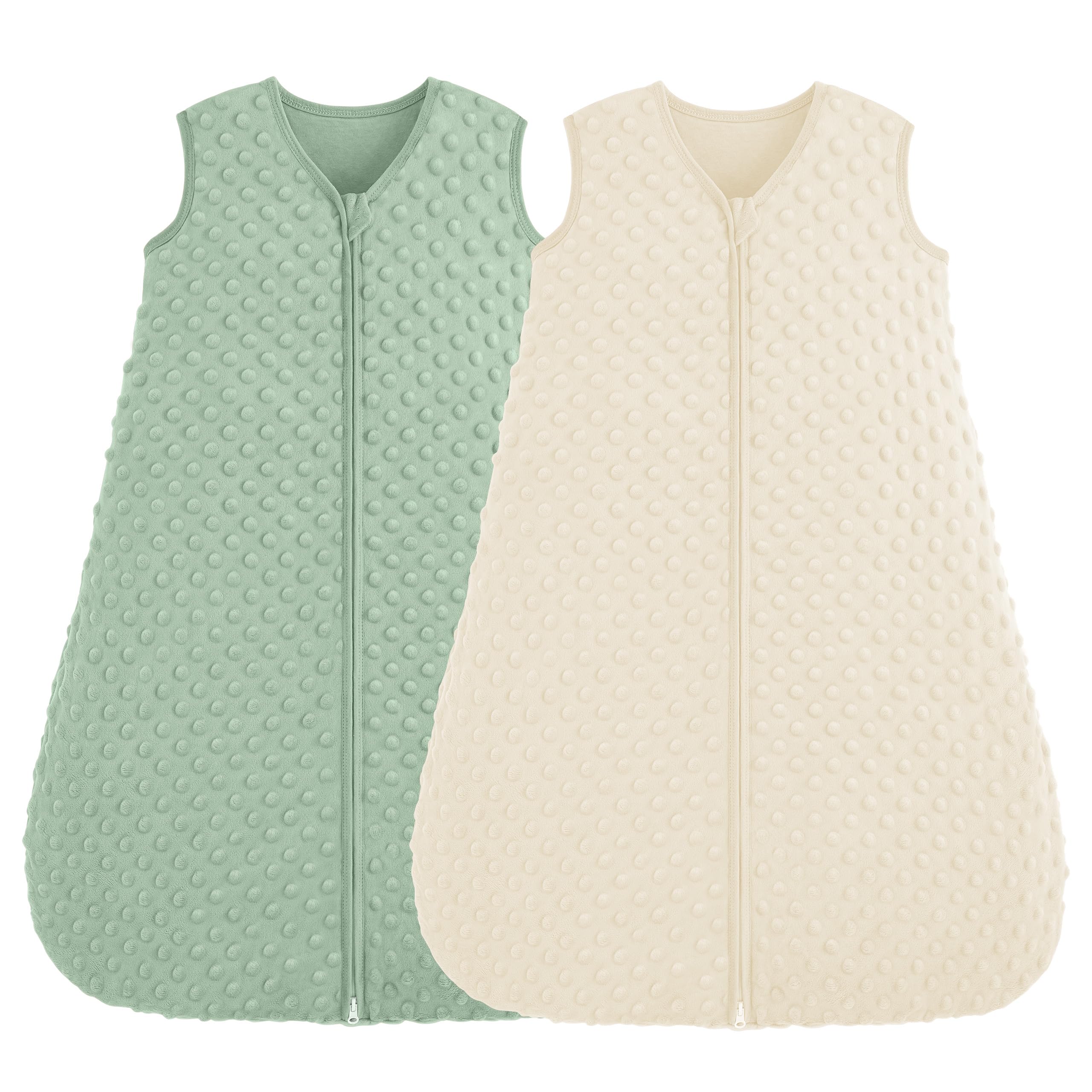 FIEMOL Sacco Nanna Invernale 6-12 Mesi, Neonato Sacchi Nanna 1.5 Tog Autunno con Pois di Peluche, Morbido Sacco Nanna per Bambini in Cotone, Confezione da 2 Pezzi Beige&Verde