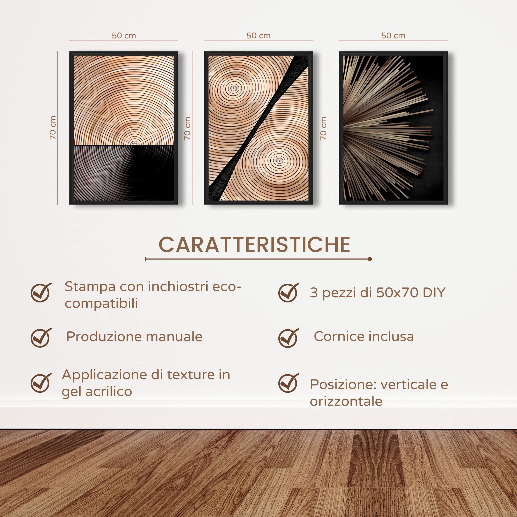 DekoArte - Quadri moderni soggiorno nordico legno 50x70 cm x3 con cornice | Set 3 quadri con cornice nera, stampa forme geometriche legno in toni naturali e neri, pronti da appendere
