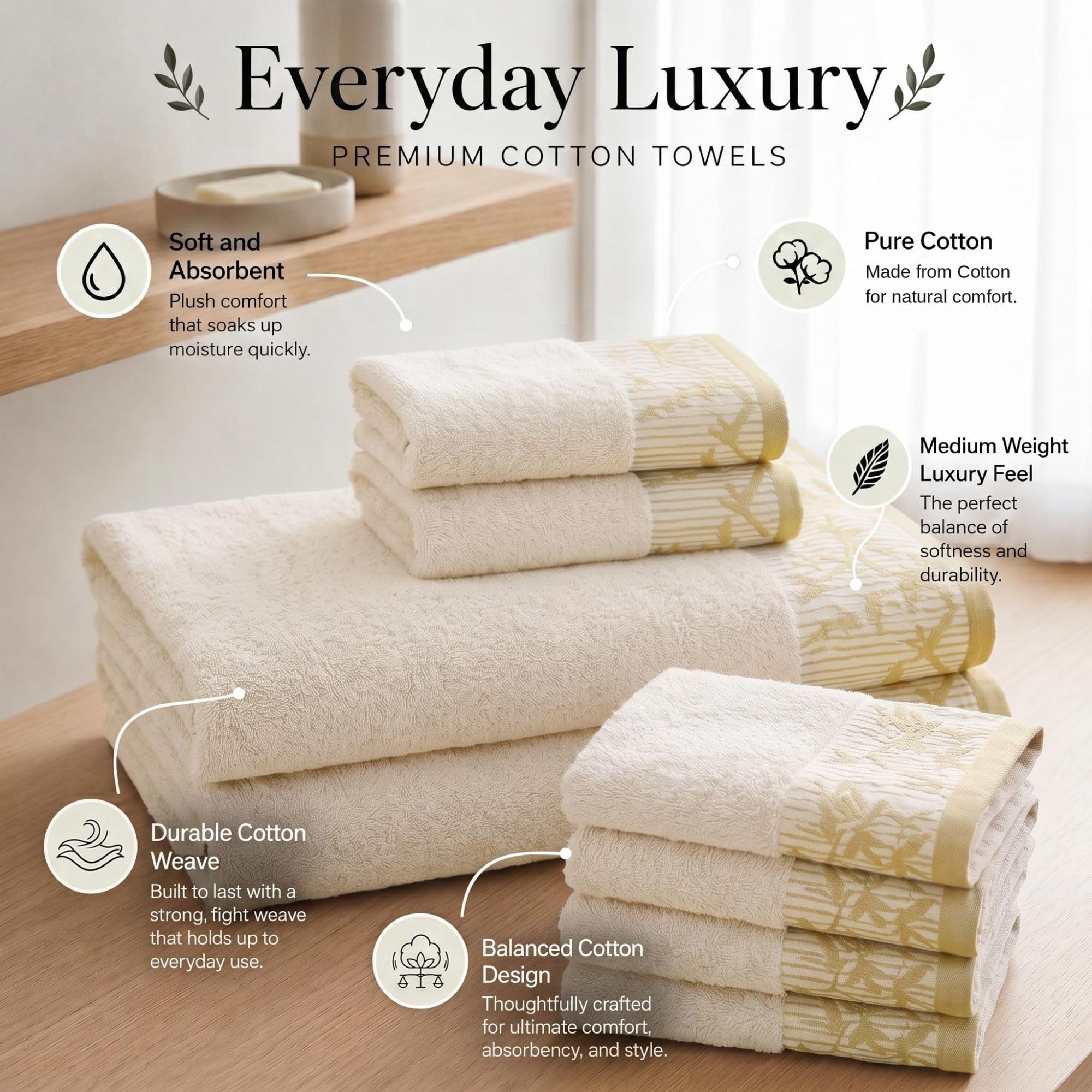 Superior Juego de toallas de algodón de 3 piezas, diseño floral jacquard Dobby, secado rápido, decoración de baño, spa, ducha, baño, incluye 1 baño, 1 toalla de mano, 1 toalla facial/toallita,