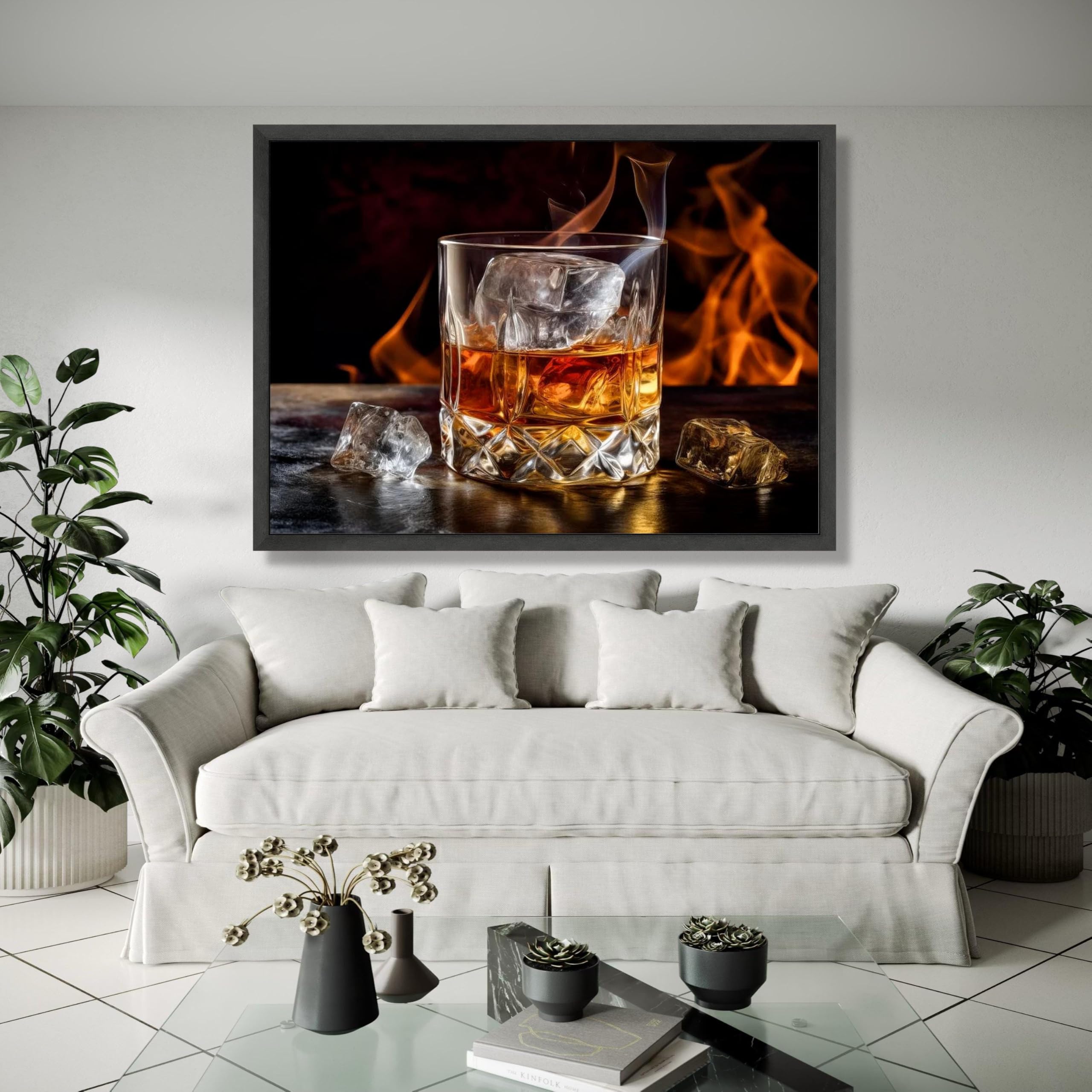 YUSUZHU Lienzo de vaso de whisky con cubitos de hielo, fondo, arte de pared rústico para bar, decoración de bebidas alcohólicas, pósteres de bar, pintura impresa (50 x 75 cm/marco interior)