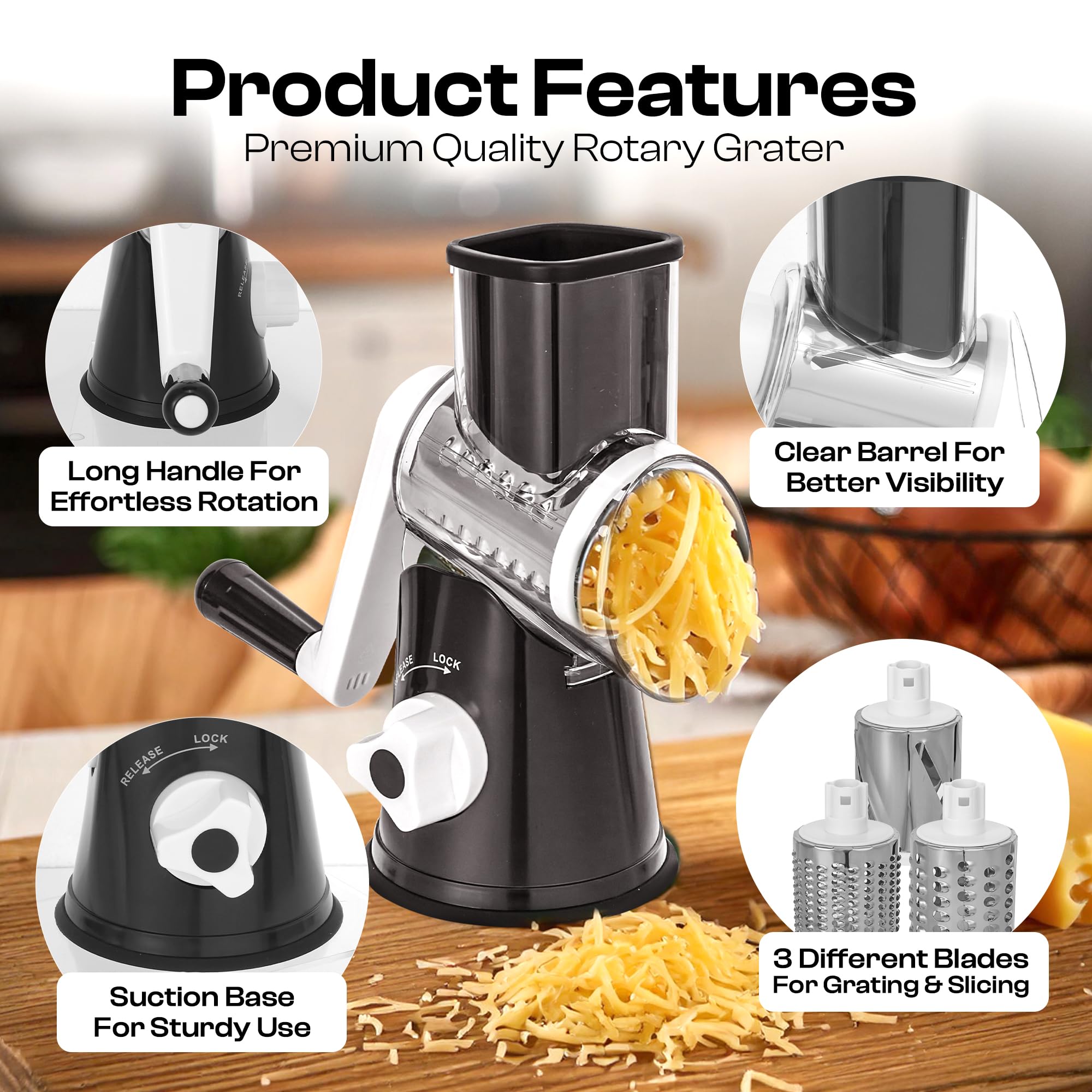 Rotary Cheese Grater Hand Crank - Cheese Shredder and Zester with Handle, Vegetable Shredder with 3 Stainless Steel Blades & Strong Suction Base – Round Slicer & Food Chopper for Kitchen