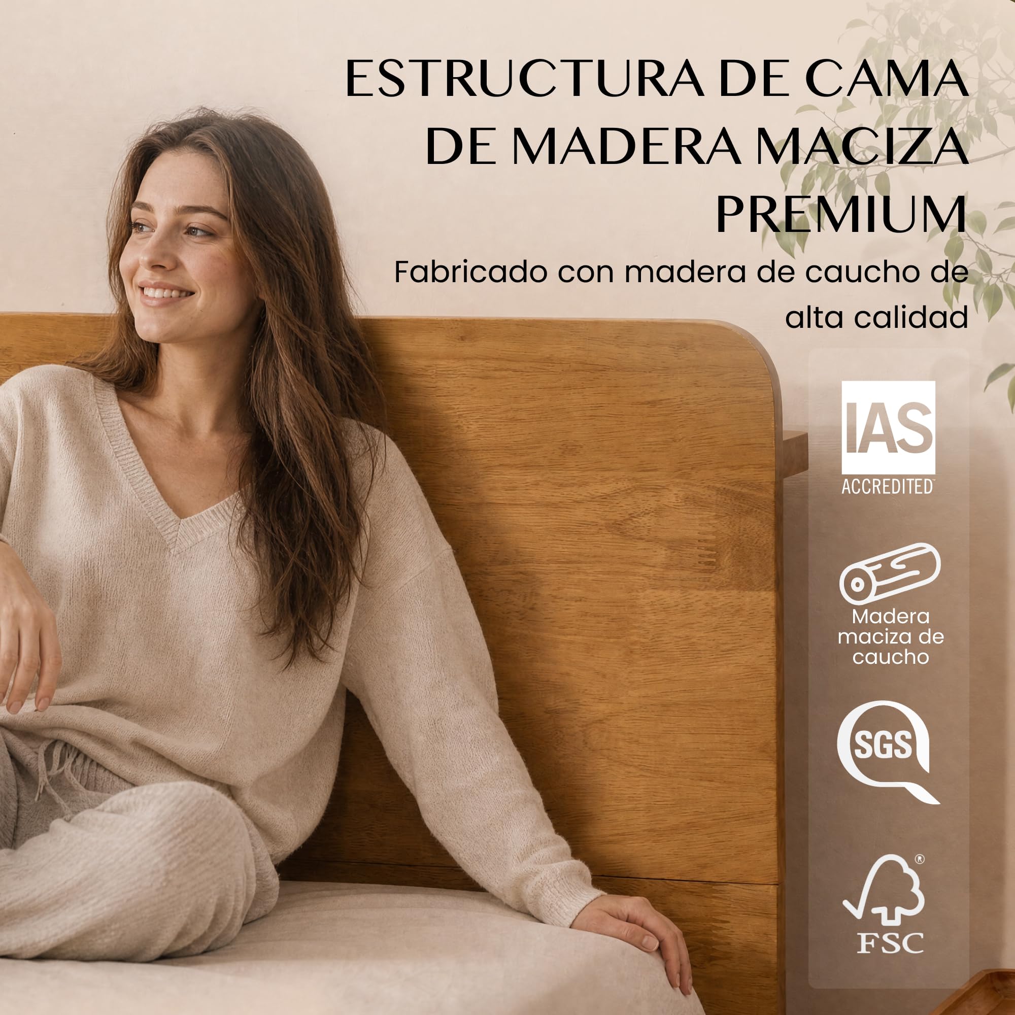 FLEXISPOT Cama de Madera Maciza 160x200 cm, Cama Doble de Madera de Caucho Natural, Sin Formaldehído, Montaje Sin Herramientas, Cabecero con Estante, Diseño Japandi, Cama Matrimonio Hako G1