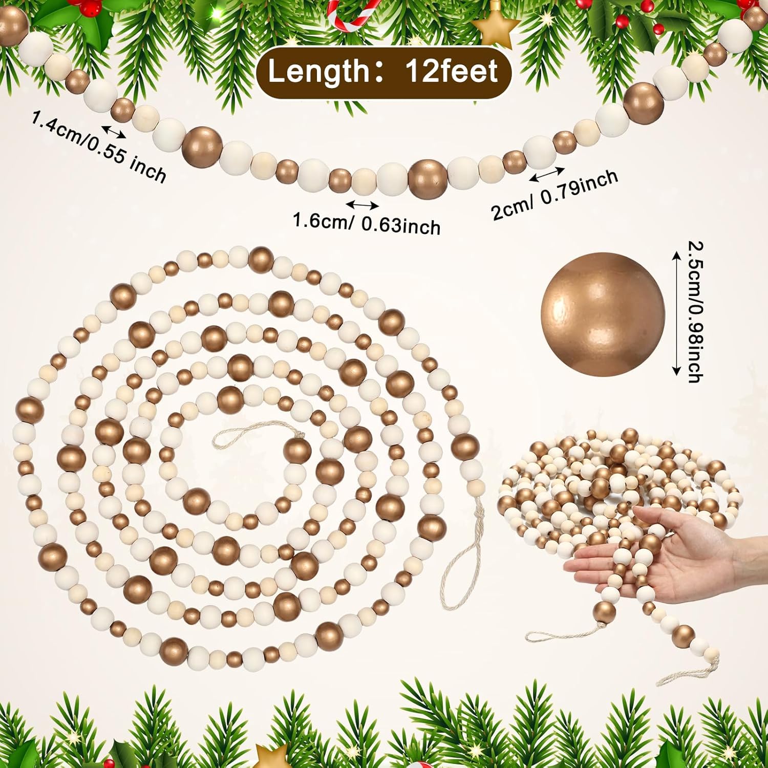 Zeyune 2 Pcs 12 Feet Christmas Wooden Beads Garland Round Craft Farmhouse Vintage Wood Bead Tree Garlands for Xmas Tree Boho Holiday Decoration Supplies (Gold and Wood Color)
