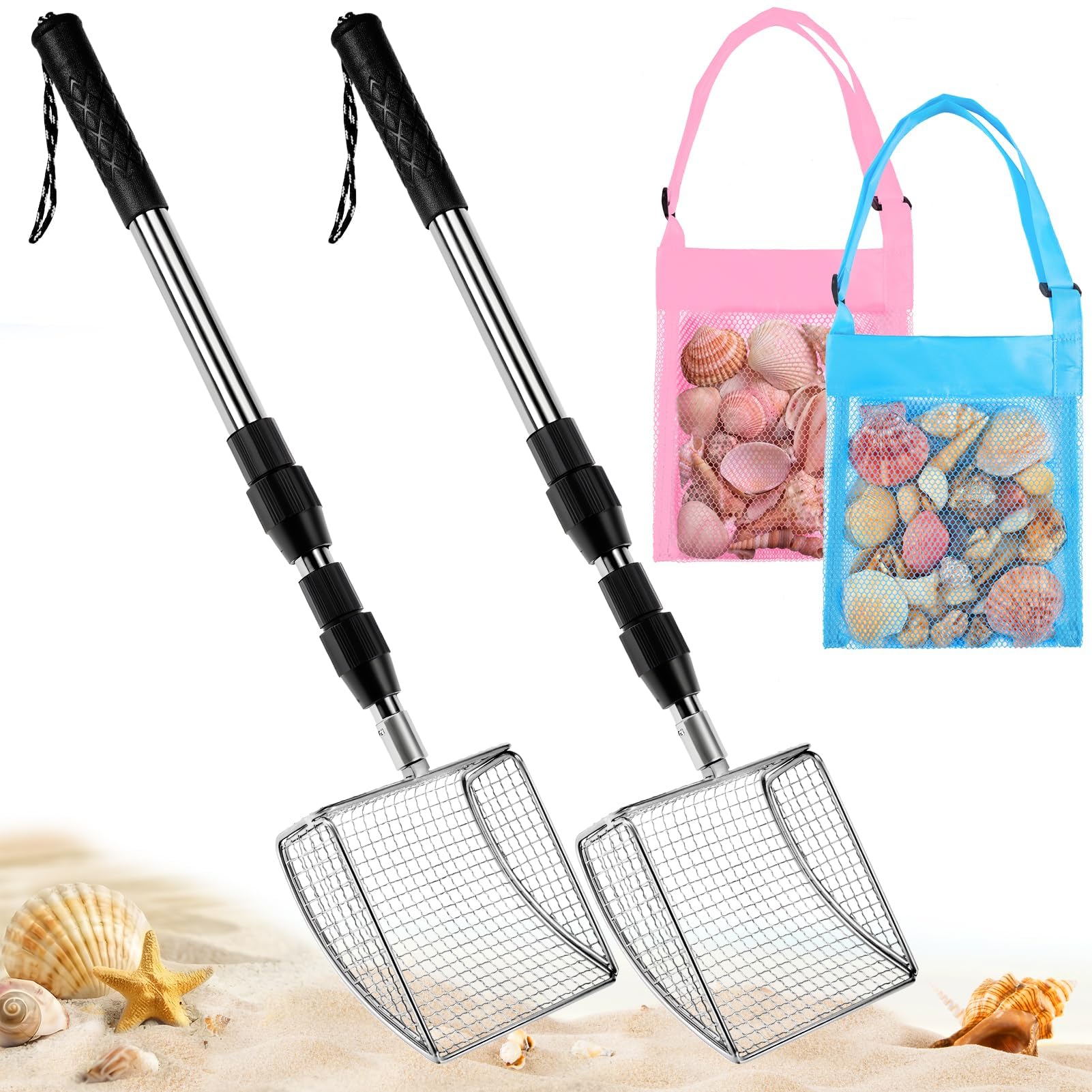 Photo 1 of **MISSING POLES** RGQSUN 2 Shark Tooth Sifters with 2 Seashell Bags, Beach Sand Sifter Set with Extendable Handles for Shell Collecting, Sea Glass, Shark Teeth and Small Beach Finds