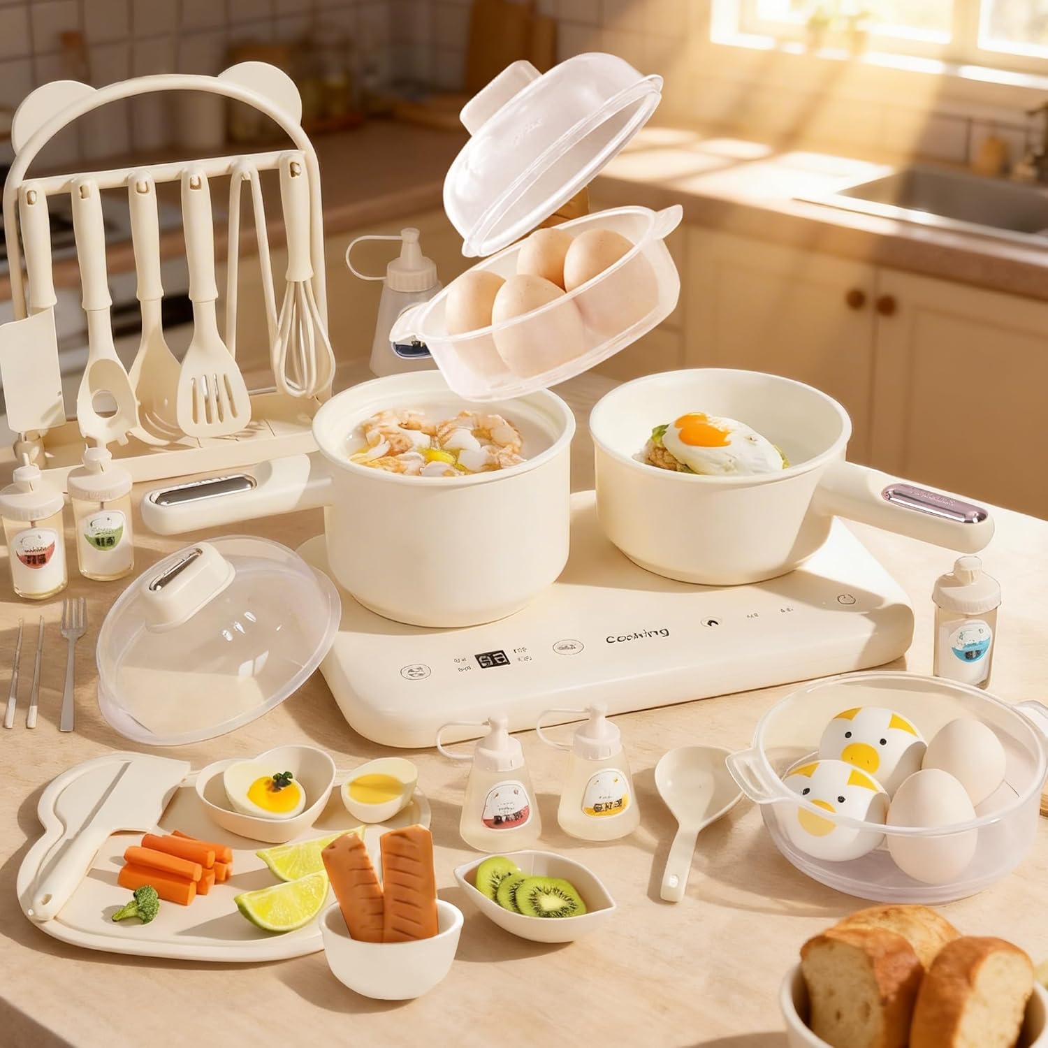 Kids Cooking Sets Real Electric Dual Stove - Montessori Cooking Set with Mini Kitchen Tools, Safe Utensils, Apron & Cookware - Educational Pretend Play Gift for Children (Beige)