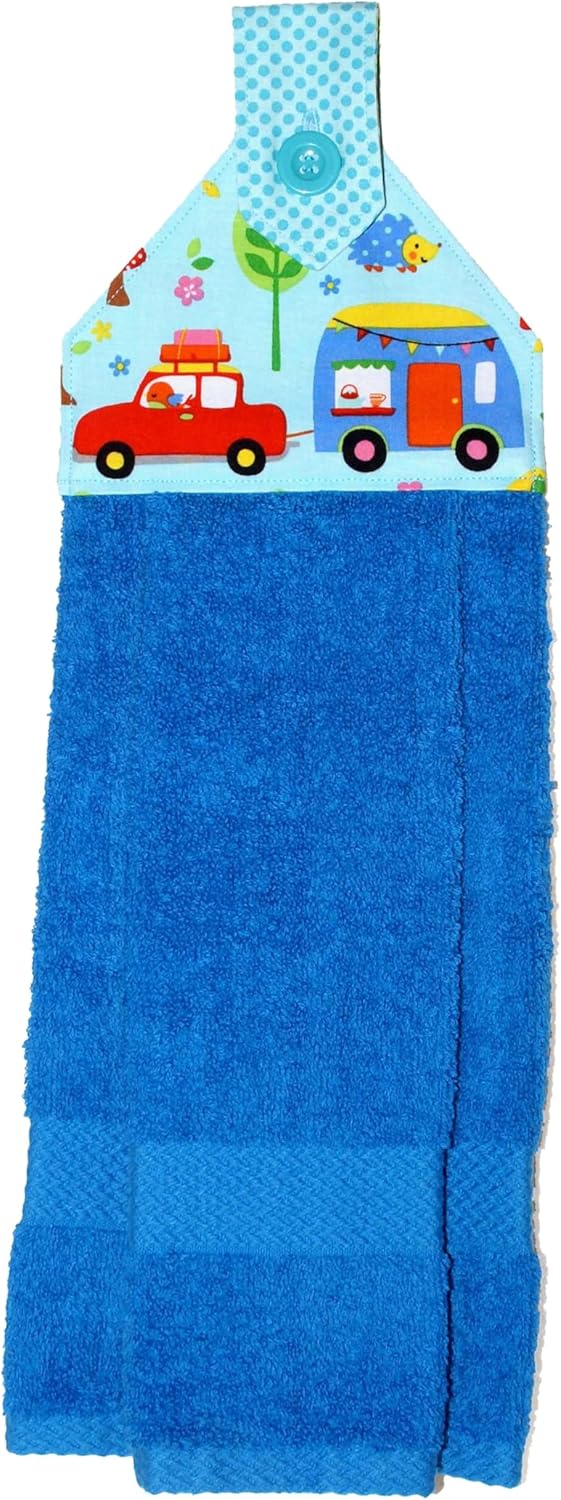 RV Camping Decor - Hanging Hand Towel - Plush Royal Blue Towel - Vintage RV Print - Handmade