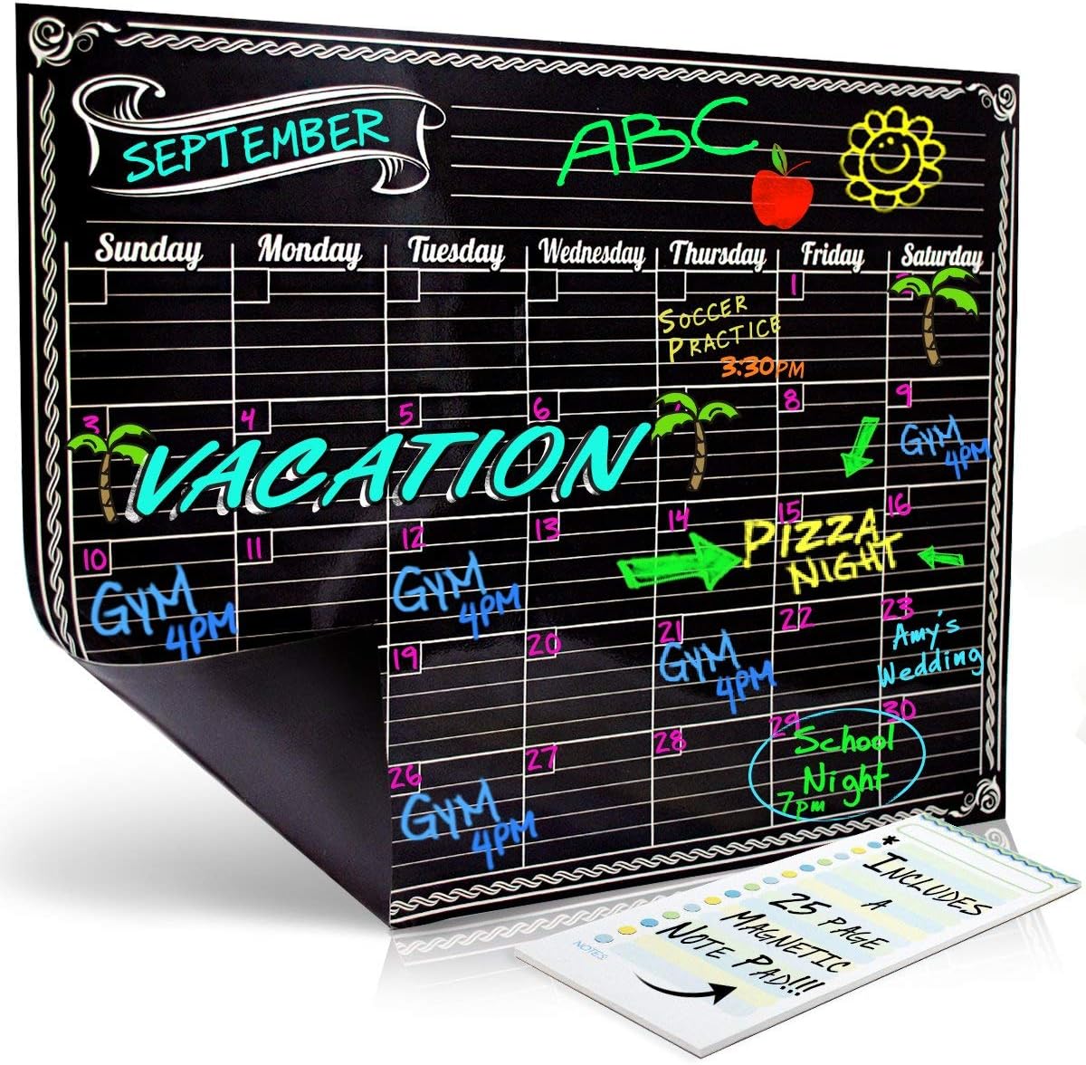 Bigtime Magnetic Refrigerator Calendar Dry Erase Black Flexible Magnet Board Design | Monthly for Kitchen Fridge| Use w/ Fluorescent Liquid Chalk or Neon Markers (12x16 Monthly Calender)