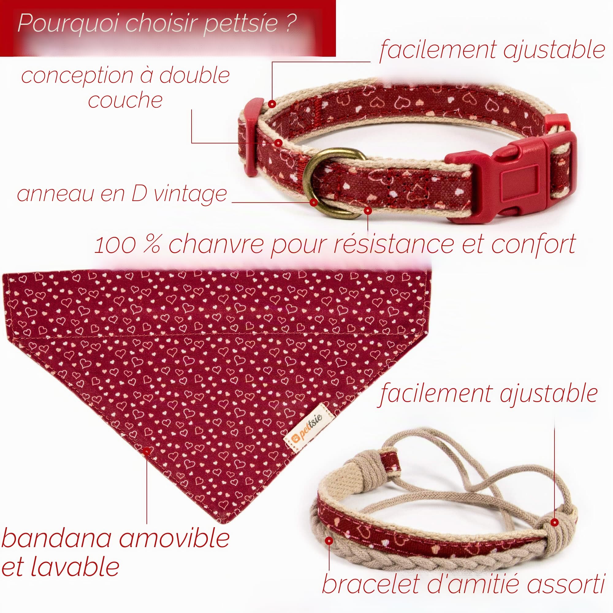 Pettsie Bandana pour Chien avec Collier et Bracelet d'amitié, Tailles réglables S, M et L, Foulard Bandana Amovible, Coffret Cadeau Inclus, pour Les Amoureux des Chiens, S, Rouge