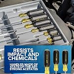 JET Screwdriver Set - Comfortable Cushion Grip Handles with Engraved Tip Type, Slot Square, Slot Round, Cabinet, Phillips, Square Tips - Chrome Plated SVCM Tool Steel - 14 Pieces