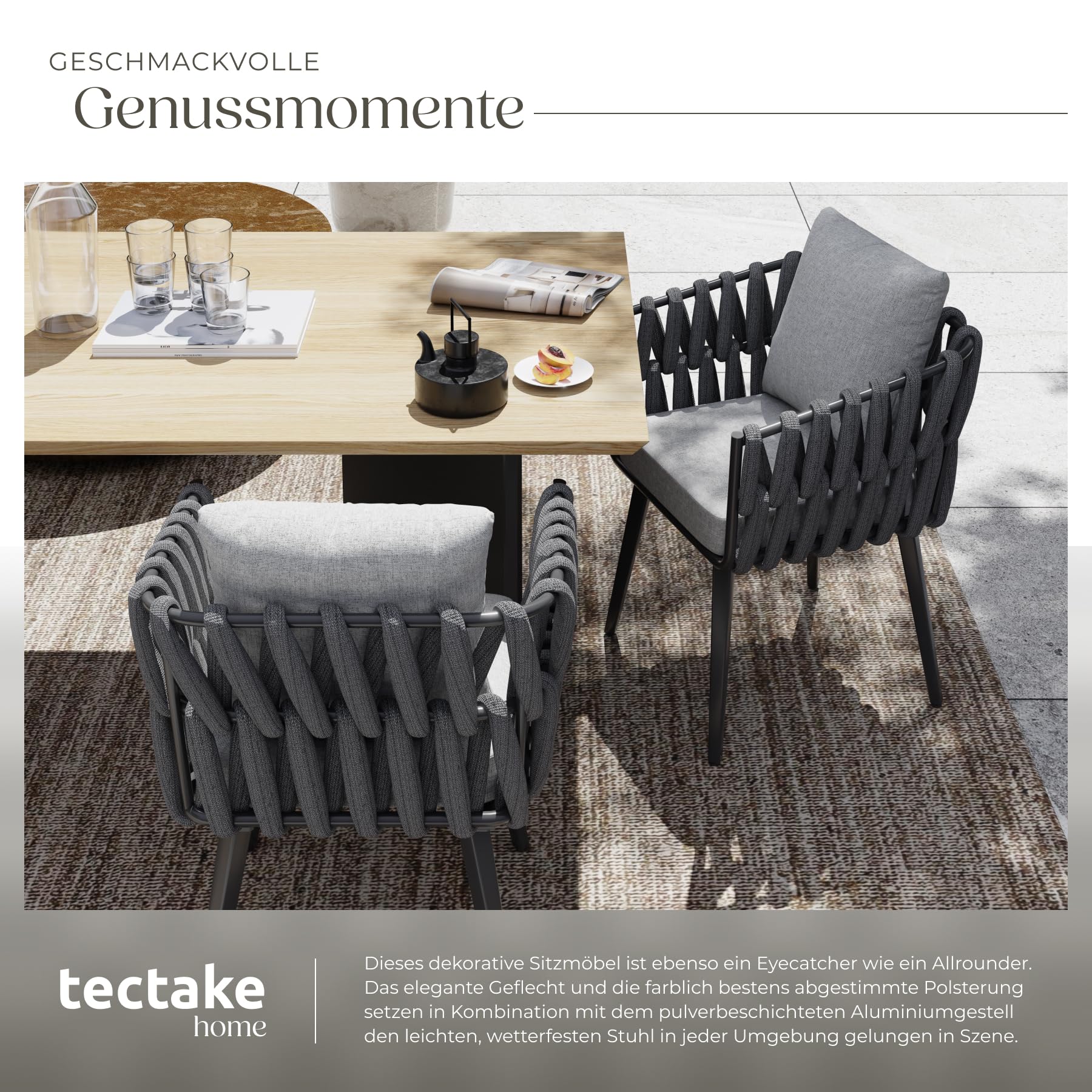 tectake® Gartenstuhl mit Alu Gestell, Outdoor Stuhl aus Metall, Sessel mit Sitzpolster + Kissen, Garten Balkon Terrassenstuhl, Gartensessel, Rope Design Geflecht-Stuhl mit Polster, Lounge wetterfest