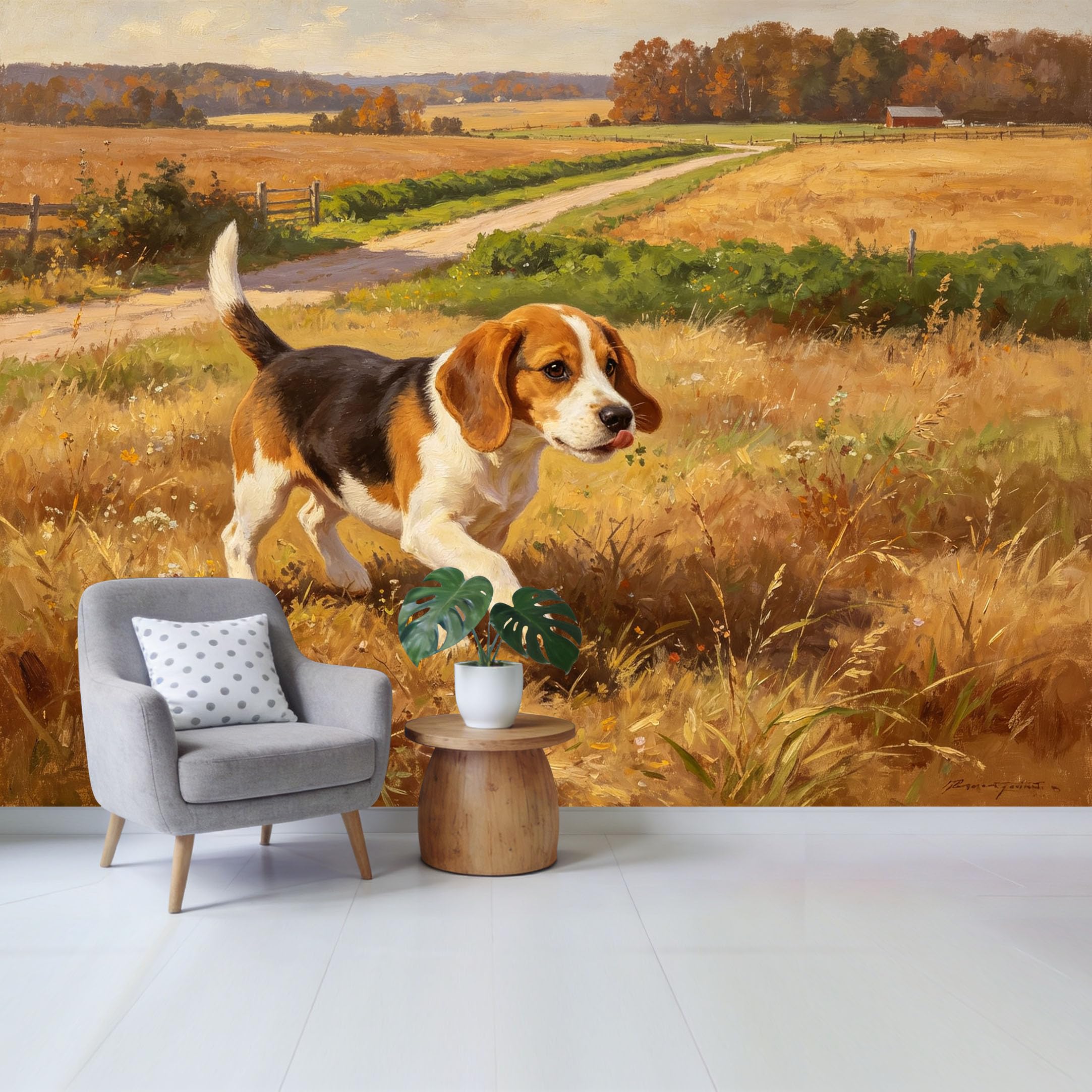 Qzlithotic Yq2605251194 Custom Size Wall Mural Beagle Dog Playing In Golden Farmhouse Countryside Field Oil Painting Selfadhesive Wall Fabric Removable Wallpaper For Home Office Decor