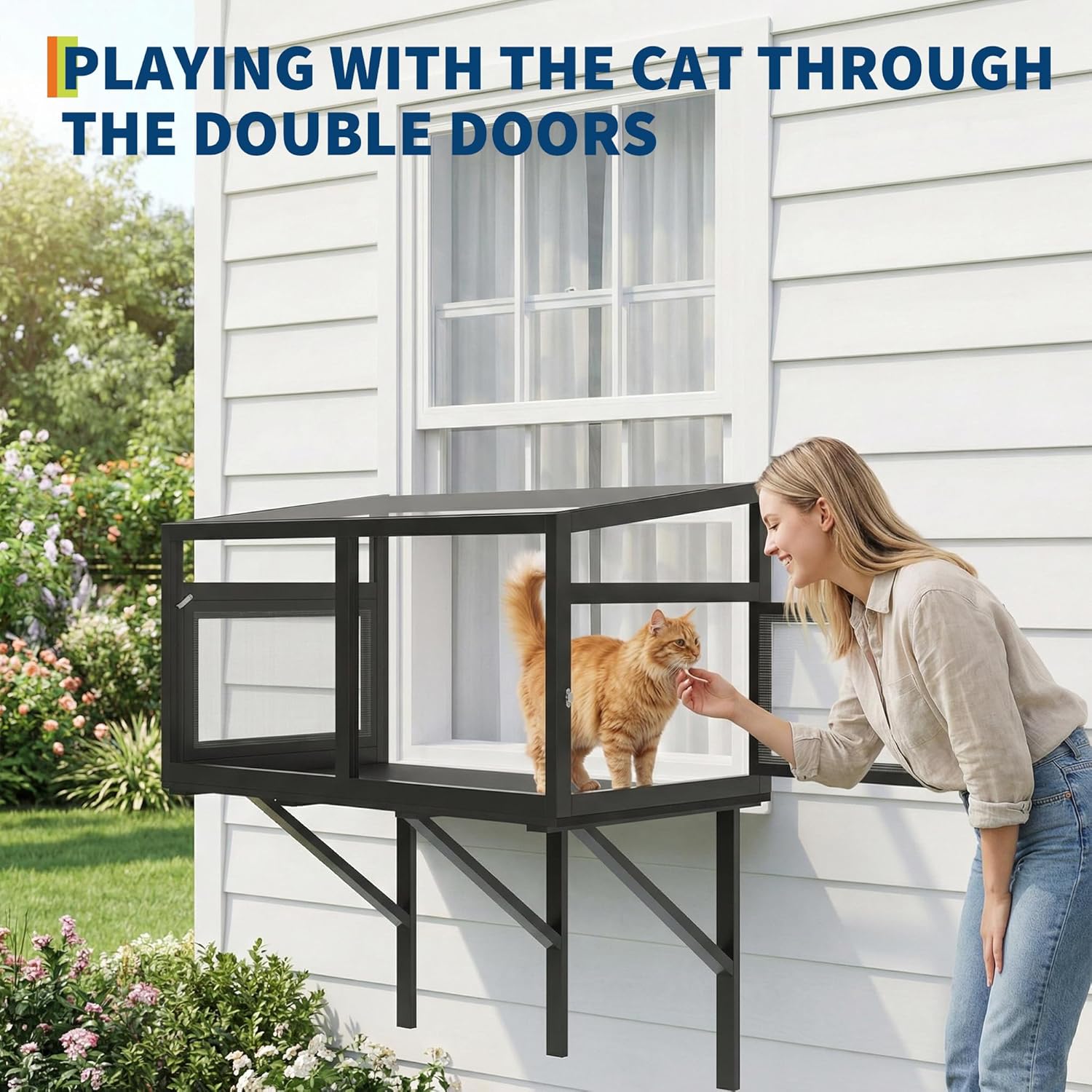 Cat Window Box Enclosure, Clear View Window Catio for Indoor Cats, Fits Windows 24"-38", Weatherproof Wood Cat Window Perch for Sunbathing & Birdwatching, Sturdy Outside Cat House, Black