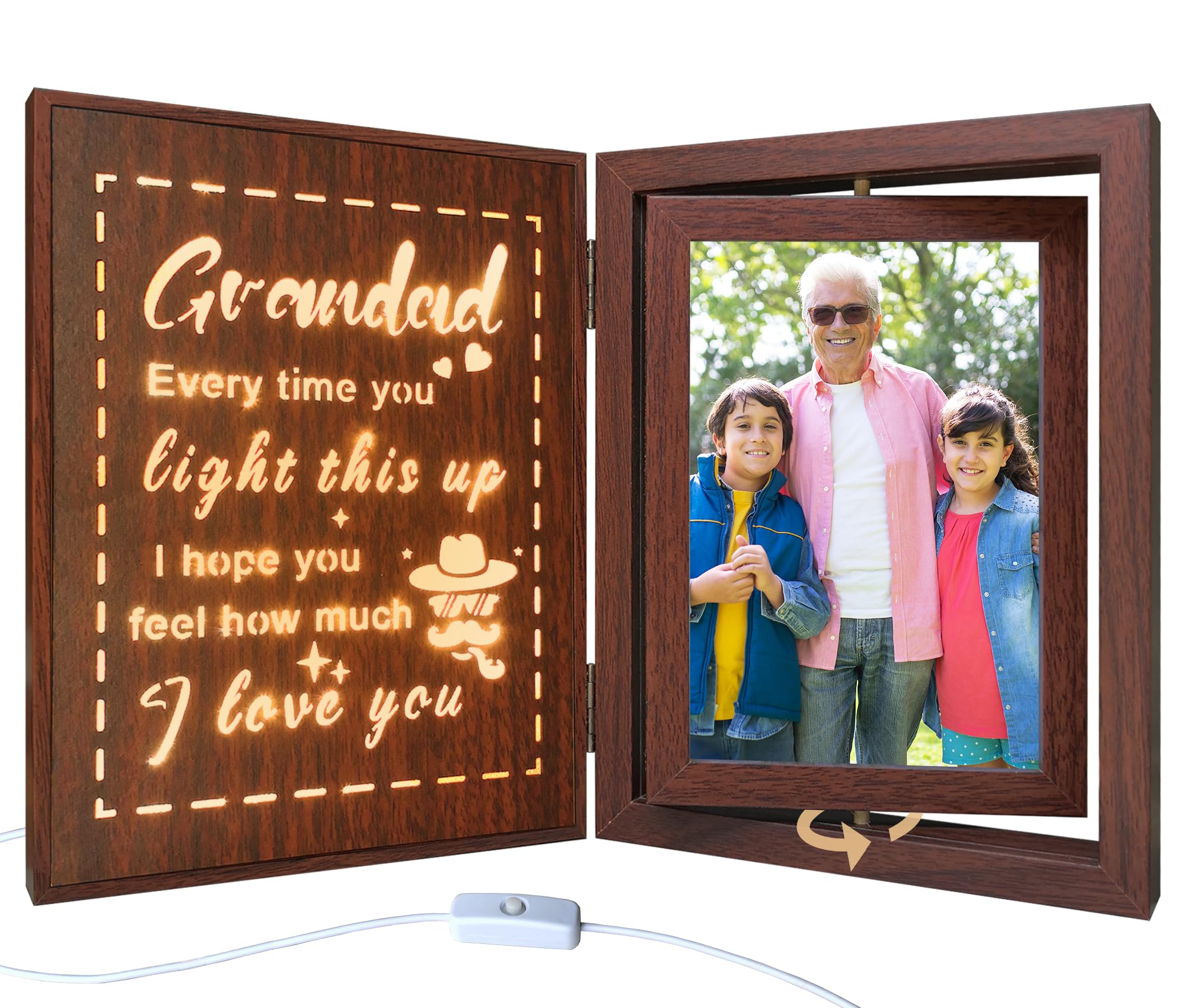 Cadre photo rotatif lumineux en bois : cadeau grand-père 2 photos