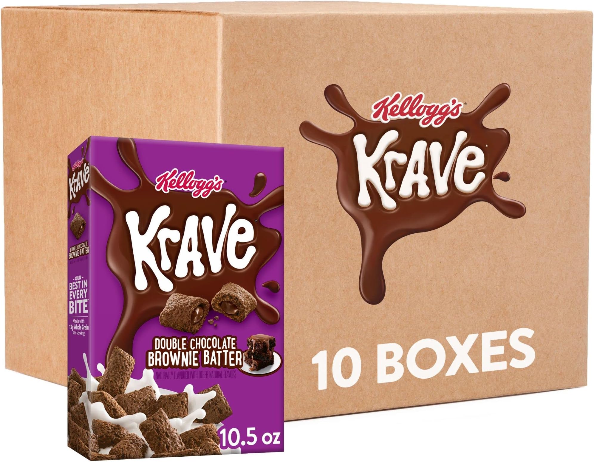Krave Kellogg's Cold Breakfast Cereal, Kids Snacks, Double Chocolate, Brownie Batter, 6.5lb (10 Boxes)