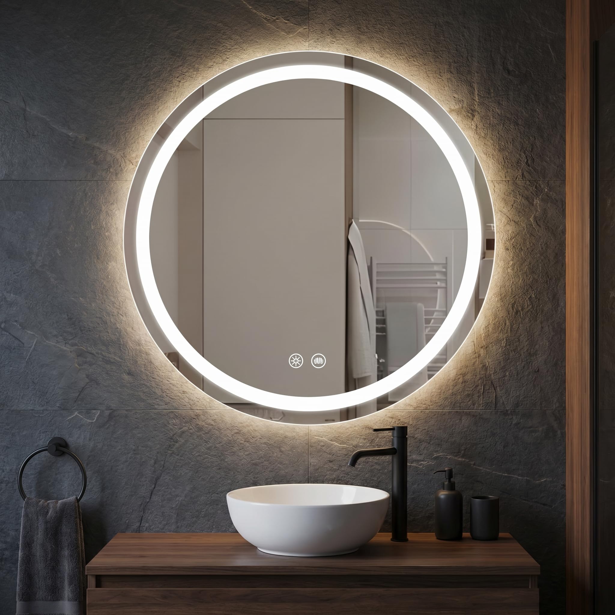 GOQELK Bathroom Mirror with LED Lights 80 cm Tempered glass Bathroom Mirrors Light, Anti-Fog Wall Mounted Vanity Mirrors 3 Colors Dimmable, Memory Function