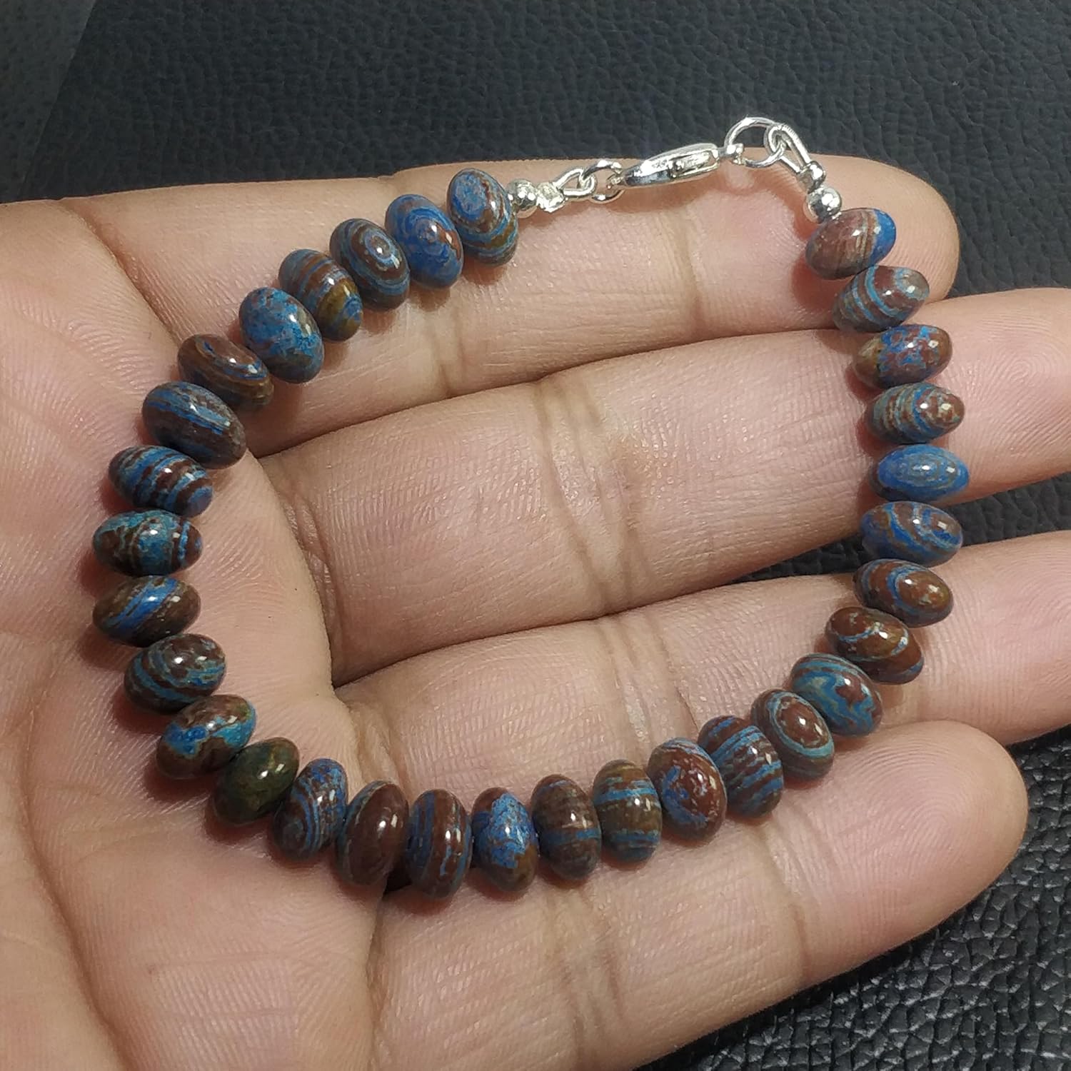 Natural blue zebra jasper gemstone 8x5-9x5 mm stacking bracelet | 7 inch | blue color, rondelle shape, smooth cut, stone | with silver plated clasp | handmade jewellry |WW_ESK_00159