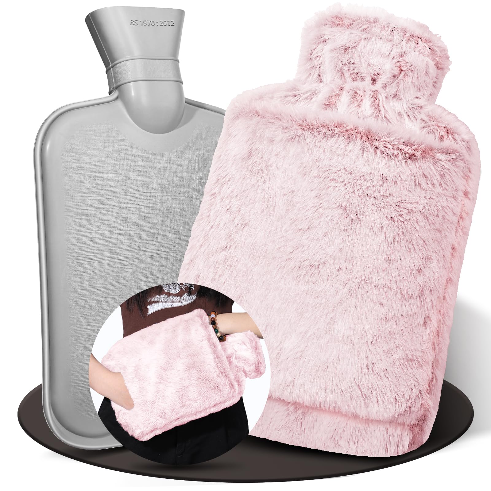 Bolsa De Agua Caliente Con Funda, 2L Bolsa De Agua Caliente Peluche, Con Bolsillo Tipo Canguro, A Prueba De Fugas Y Probada, Mantiene El Calor Durante Mucho Tiempo (Rosa)