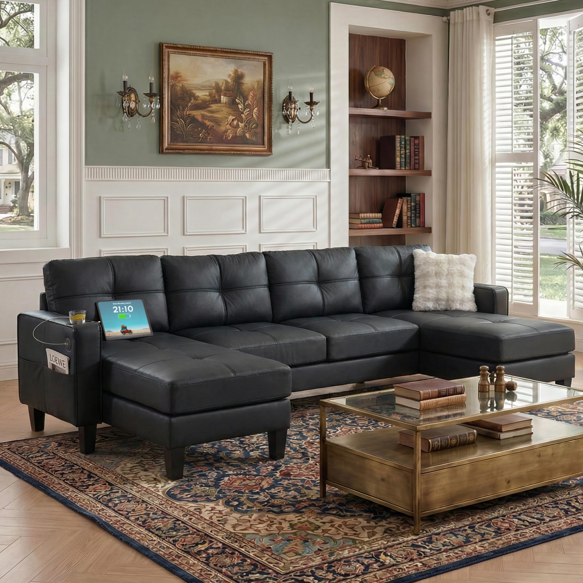 TYBOATLE 116’’ W Black Faux Leather Sectional w/USB and Cup Holders for Living Room, Comfy Tufted U Shaped Sofa Couch w/Chaise Lounge, Office Leather Sofa for Bedroom (Left arm seat only)