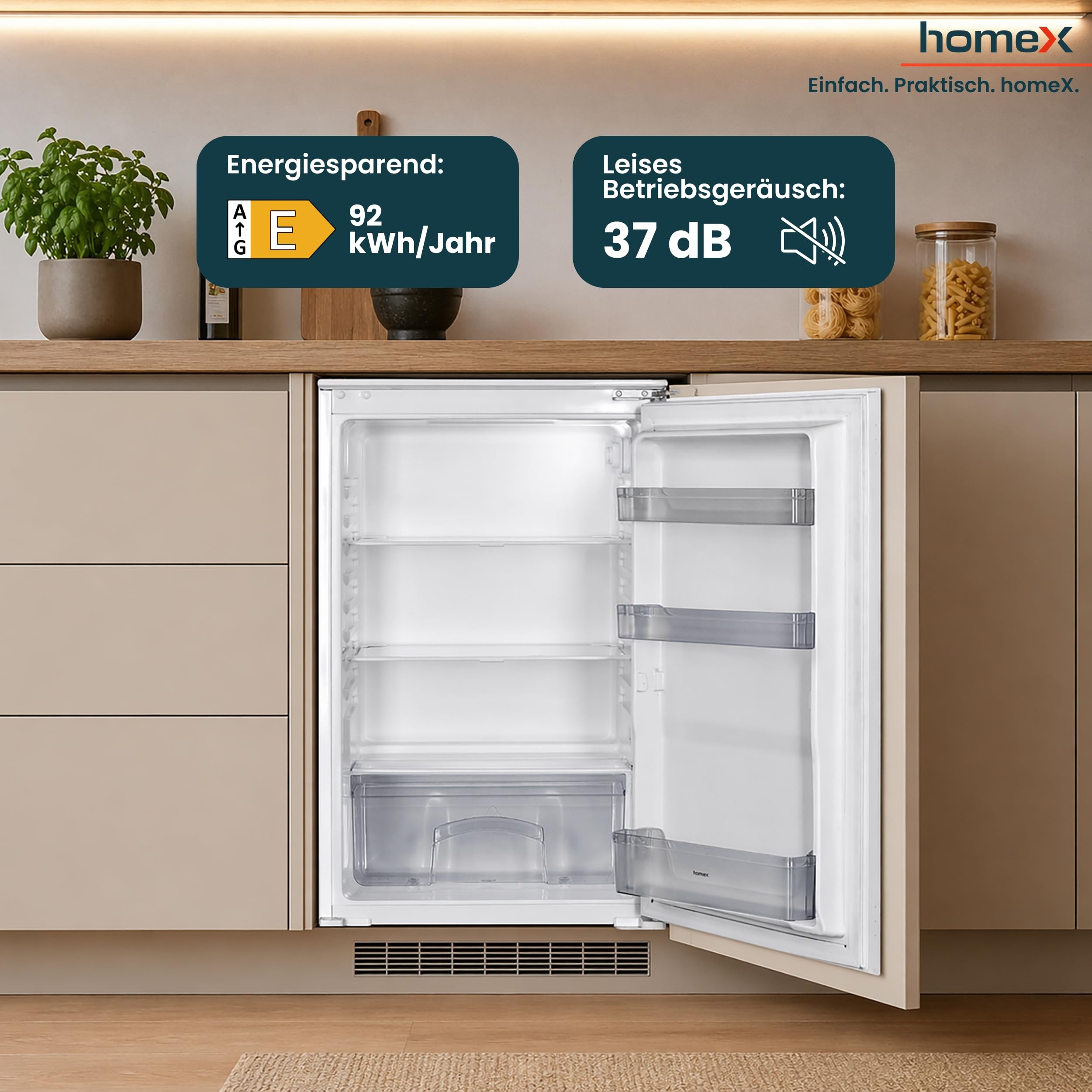 homeX Einbaukühlschrank 88cm Nische 129 Liter Schlepptürtechnik LED-Beleuchtung leise 37 dB CB1291E