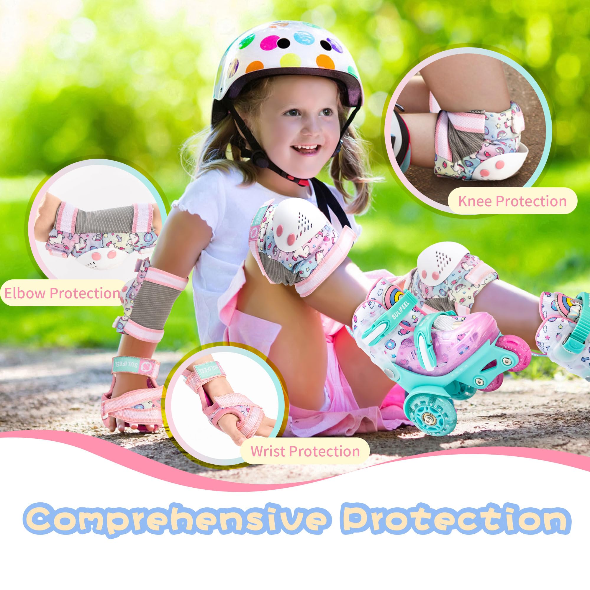 SULIFEEL Rainbow Unicorn Knee Pads for Kids Knee Elbow Pads Wrist Guards with Drawstring Bag Adjustable Protective Gear Set for Girls Roller Skating Bike Cycling Skateboard Scooter