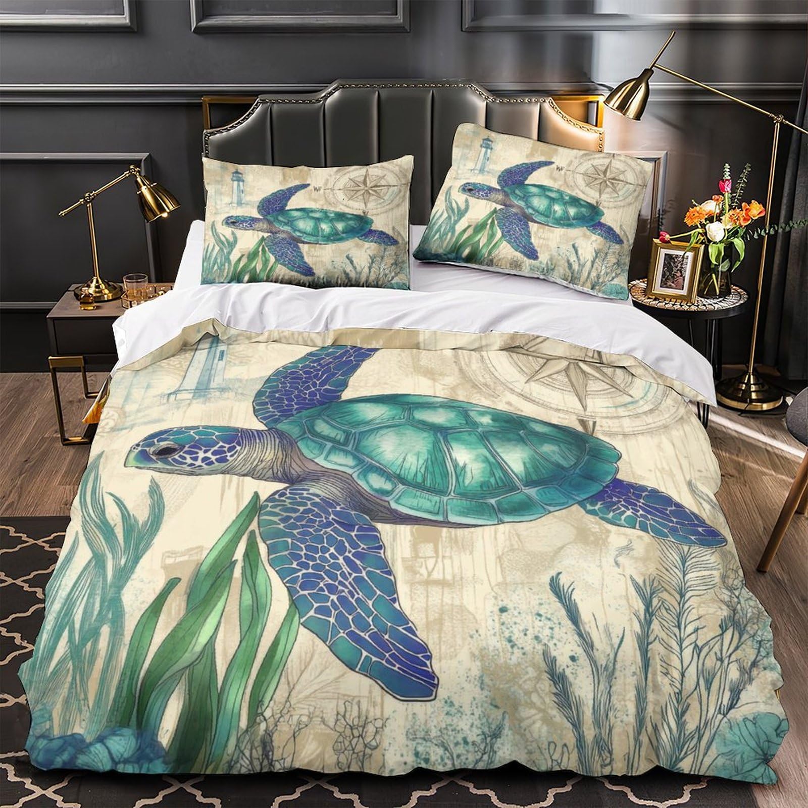 Housse de couette tortue marine microfibre lit simple 140x200 pour garçon
