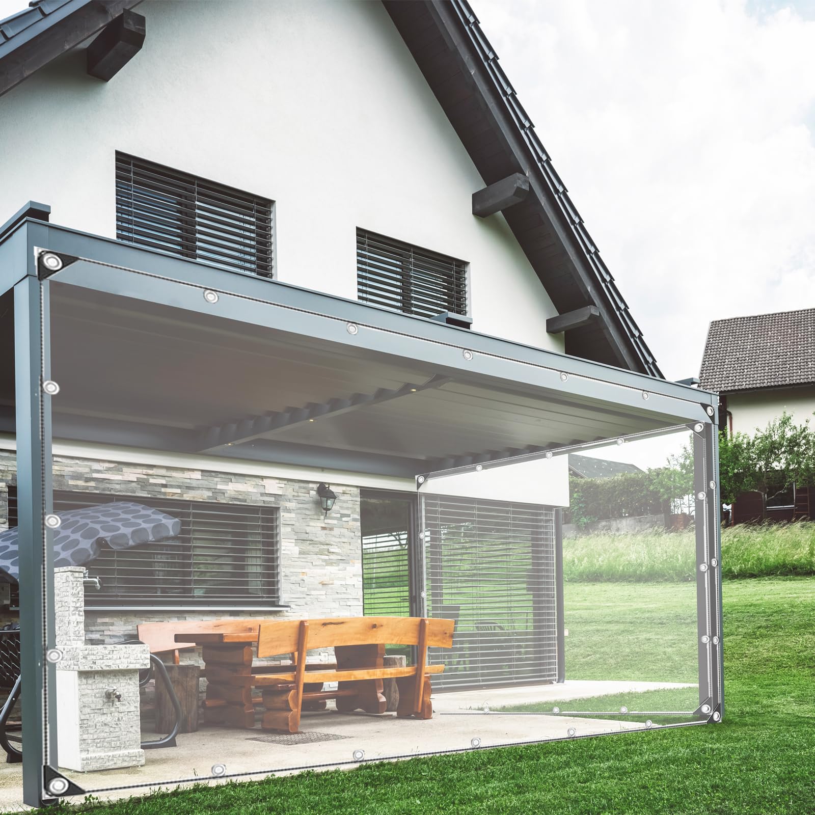 Telone impermeabile trasparente 420g/m², Telo resistente alle intemperie con occhielli, Teloni pieghevoli in PVC da 0,3 mm spessore per Barche, Giardino, auto, Compreso corde e fascette (2X3M)