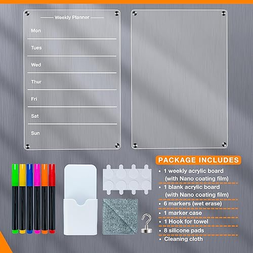 Miniatura 4 de Pizarra magnética acrílica de borrado en seco para refrigerador, paquete de 2 organizadores semanales y una pizarra blanca transparente con