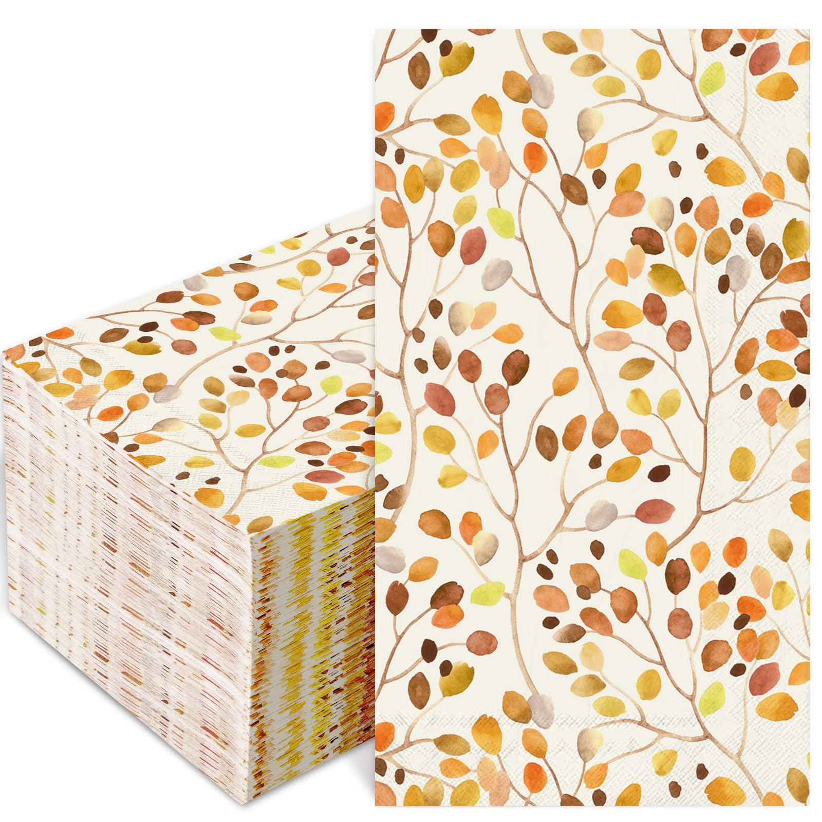 JarThenaAMCS 100Pcs Fall Paper Guest Napkins Branches Leaves Bathroom Napkins Autumn Orange Disposable Hand Towel Napkin for Thanksgiving Home Party Supplies