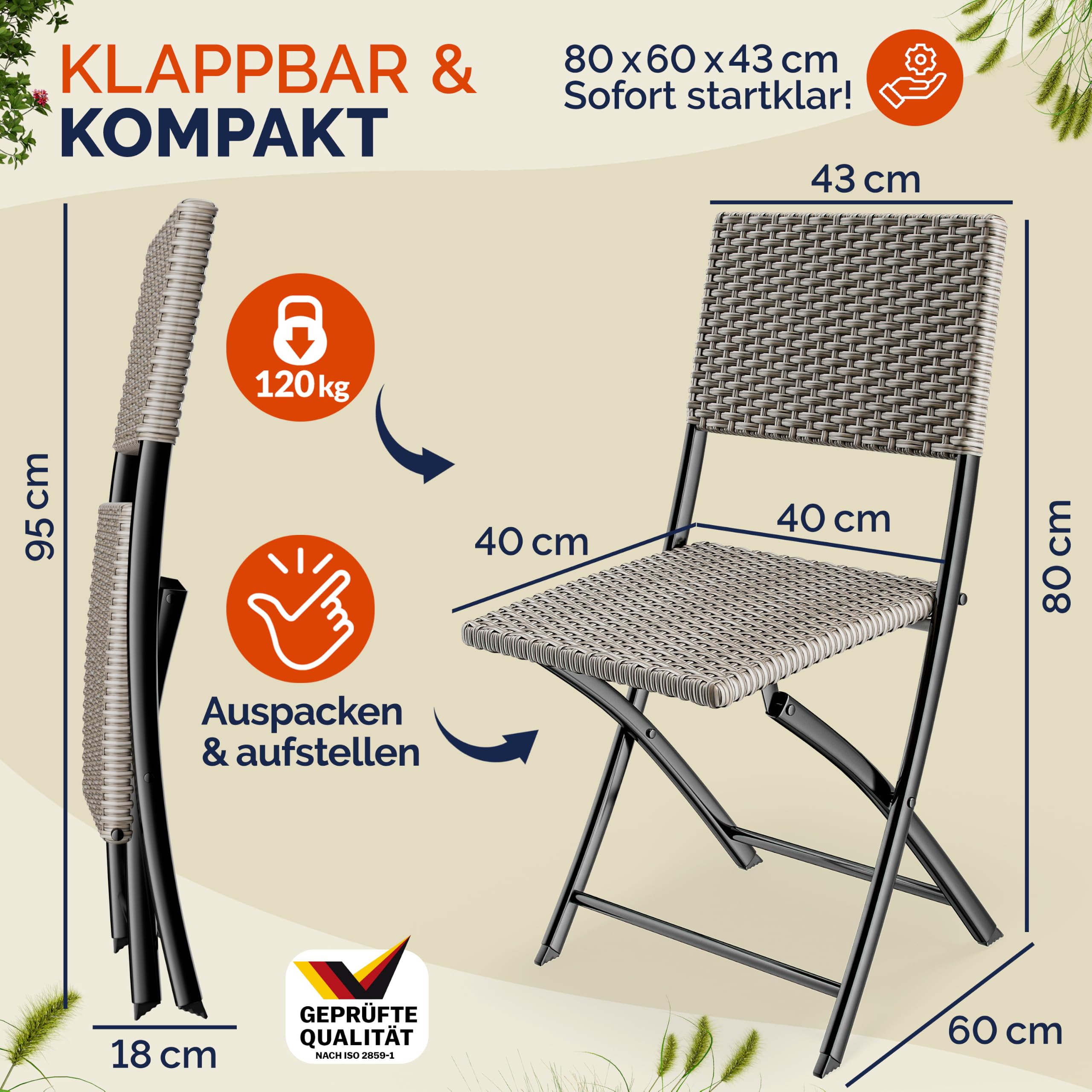 Casaria® Polyrattan Klappstuhl 2er Set Creme leicht faltbar bis 120kg belastbar tragbar wetterfest Stuhl Sessel Balkon Terrasse Garten Camping Stuhl Sessel
