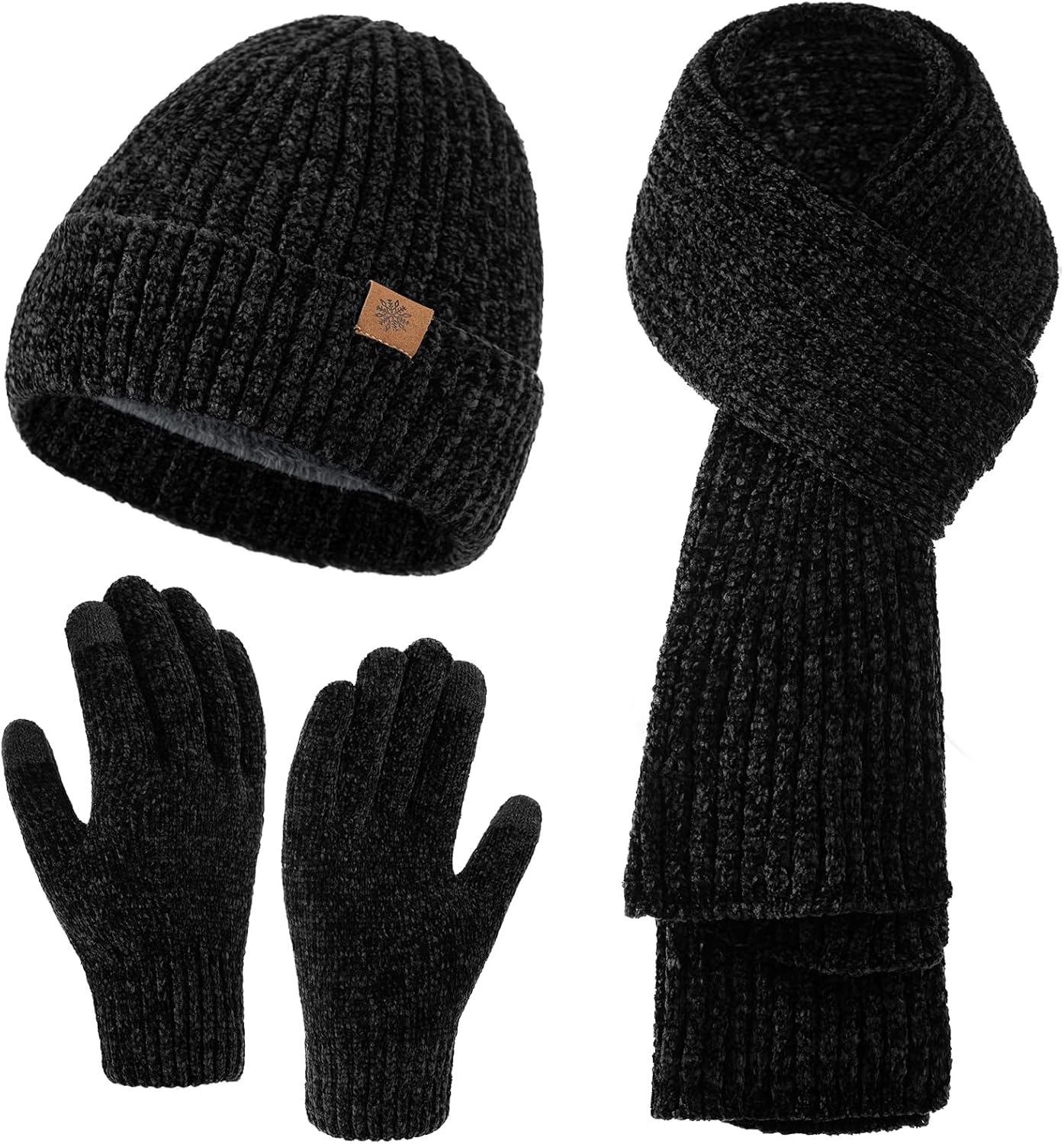 Winter Beanie Hat Scarf Gloves Set for Women, Slouchy Womens Winter Hats Long Scarf Touchscreen Gloves 3 in 1 Set Black - Image 1 of 7