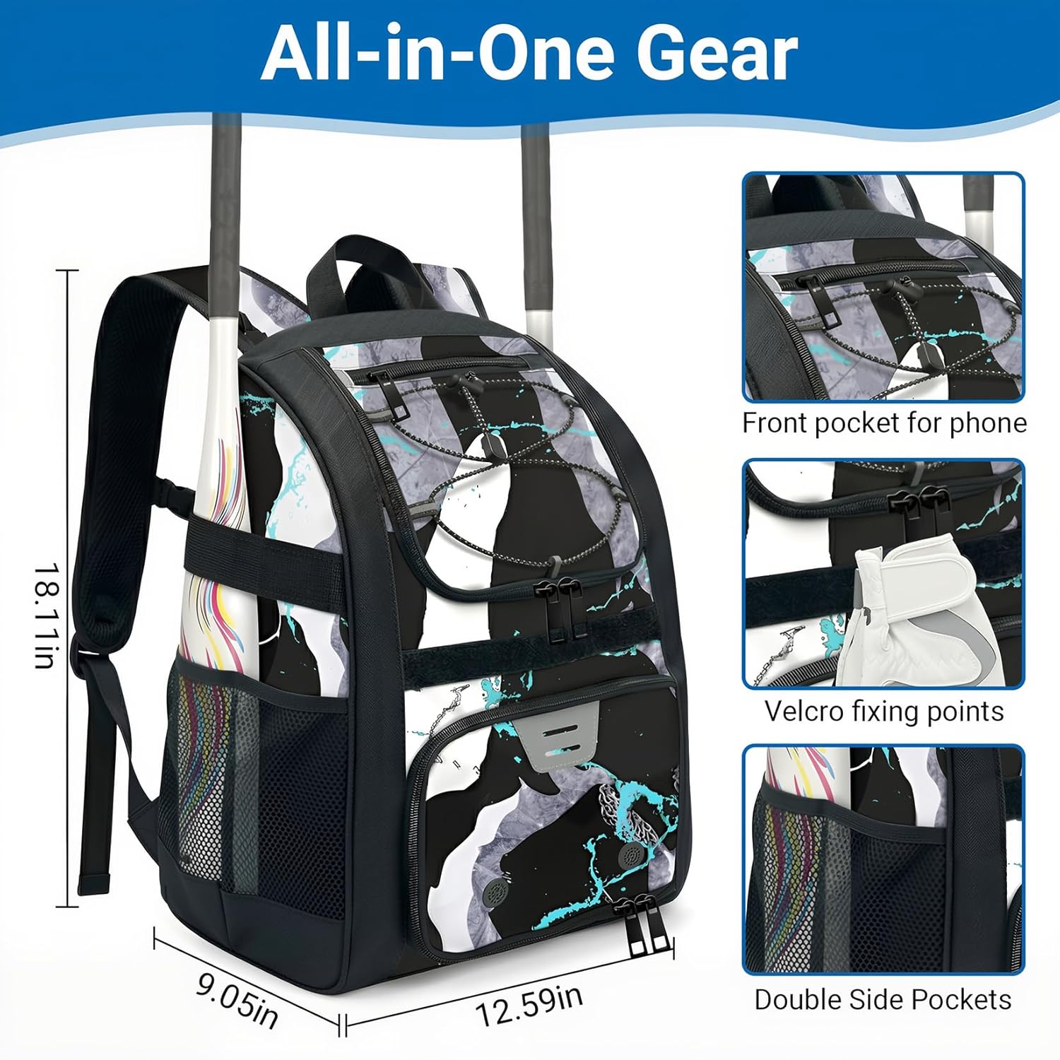 Youth Baseball Bag - Softball Bag for Girls & Boys with Shoes Compartment, Bat Backpack for Baseball, T-Ball & Softball Equipment - Image 3