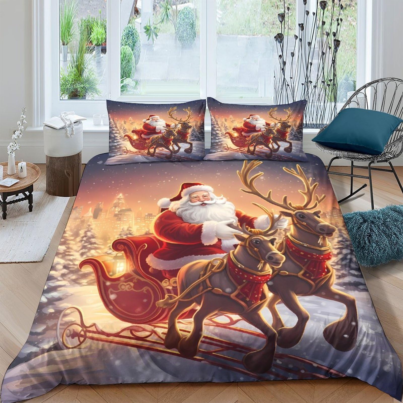 GPLZQXKJNH 3D Printed Santa Sleigh Duvet Cover Microfiber Breathable Christmas Reindeer Bedding Set with 2 Pillowcases for Bedroom Decor Single（135x200cm）