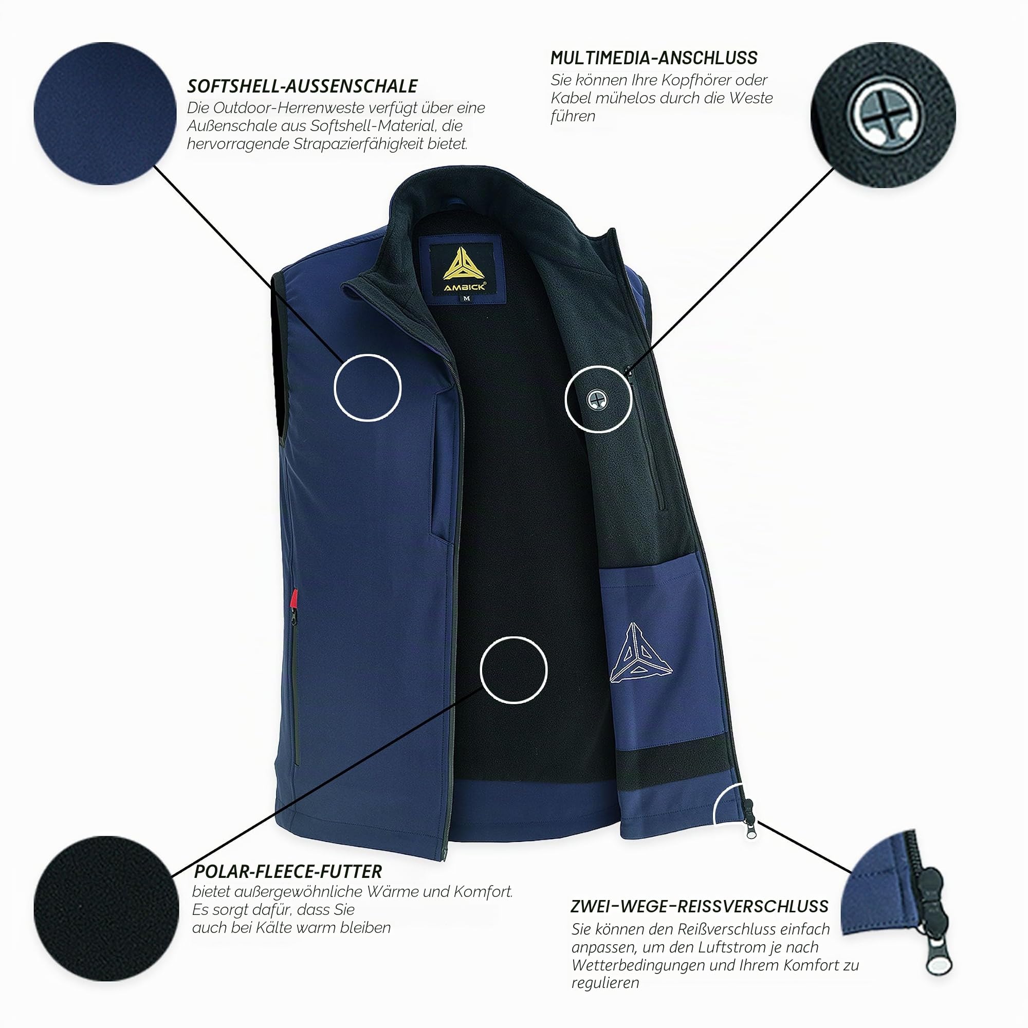 Ambick Krayz Outdoor-Softshellweste mit winddichtem Fleecefutter, ideale ärmellose Laufweste zum Golfen und Wandern