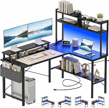 Homieasy Corner Desk Gaming Desk 124 cm LED Sockets Black