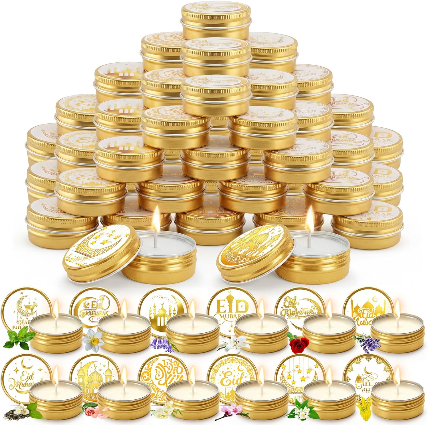 Nuanchu 50 Pcs Ramadan Mubarak Scented Candle Bulk 1 oz Gold Jar Eid Mubarak Candle Gifts Ramadan Aromatherapy Islamic Gifts for Eid Party Favor Muslim Holiday Celebration Decor, Assorted Scents