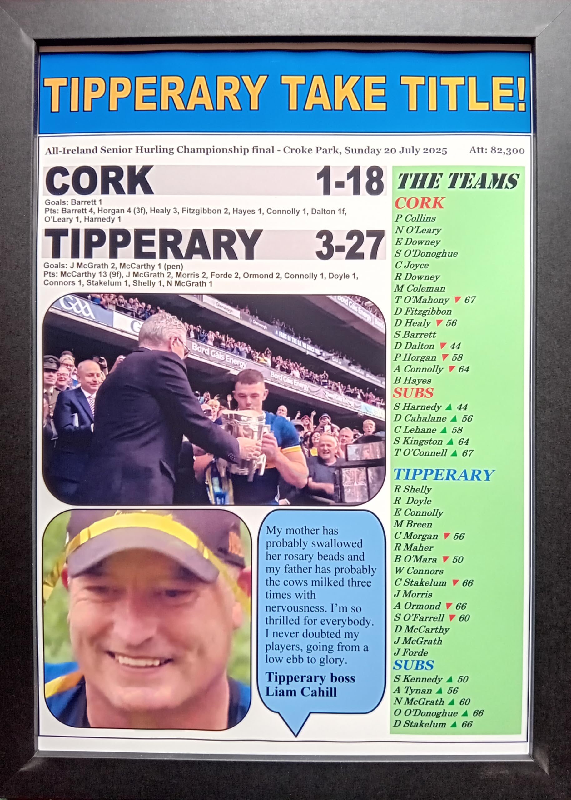 Assorted Cork 1-18 Tipperary 3-27 - 2025 All-Ireland Hurling final - framed print