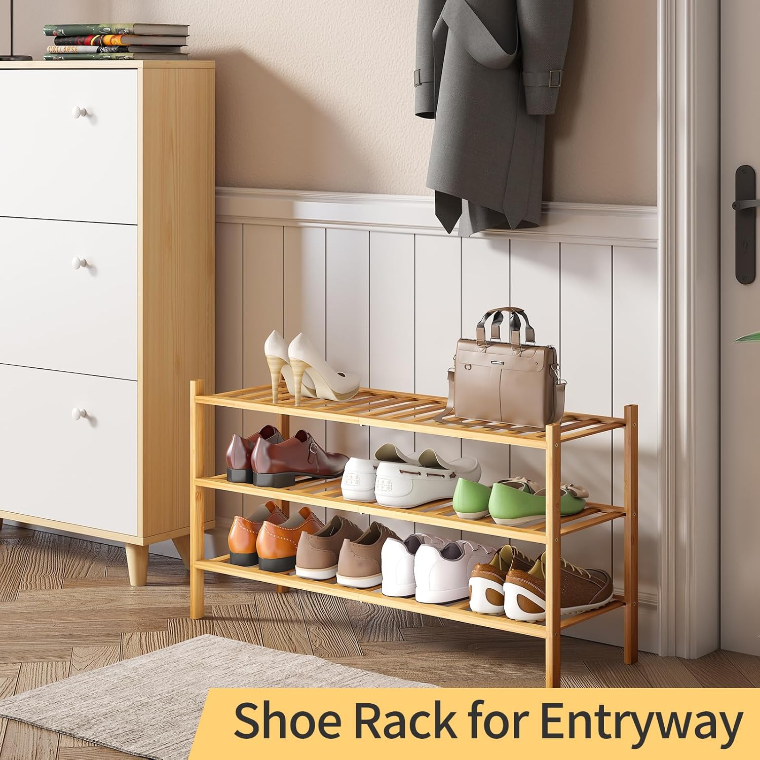 Long Shoe Rack, 3-Tier Bamboo Stackable Shoe Shelf Storage Organizer, Shoe Stand for Closet, Entryway and Hallway