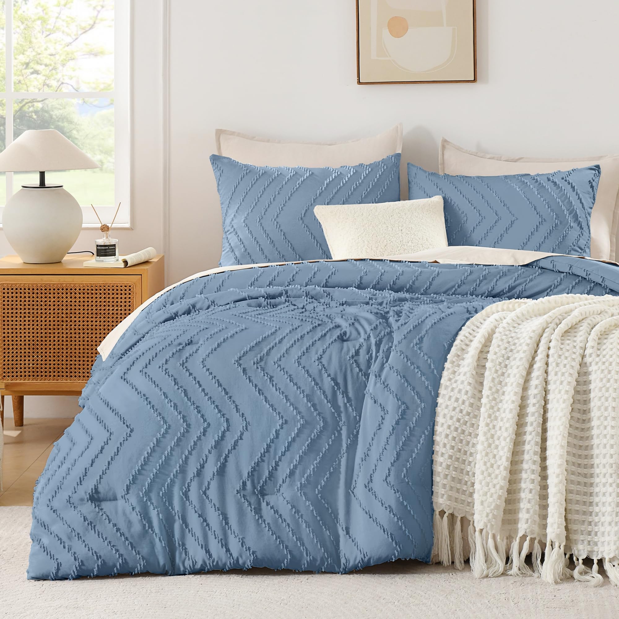 Andency Greyish Blue Comforter Set King Size, 3 Pieces Soft Bedding Set