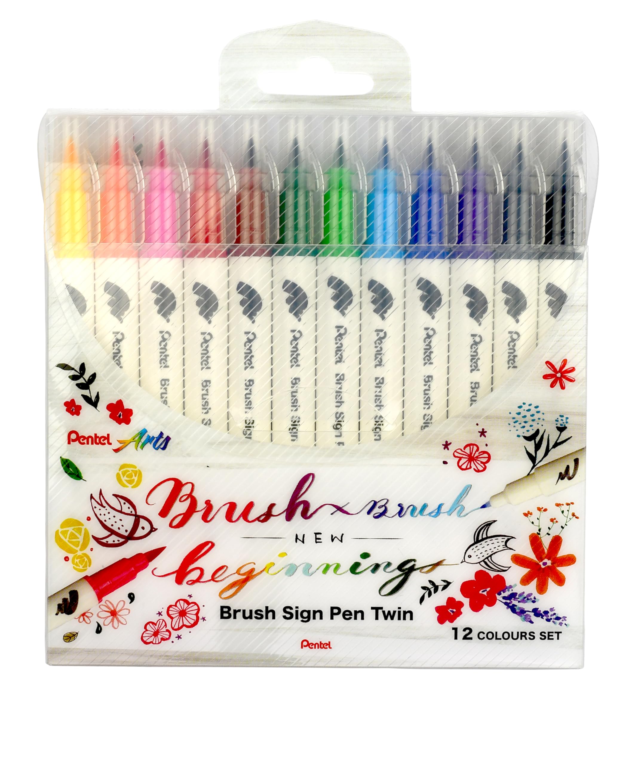 Pentel SESW30C-12 Brush Sign Pen Twin 12 Colour Set Fibre-Tip Pens with Two Flexible Writing Tips, Water-Based Ink, Assorted