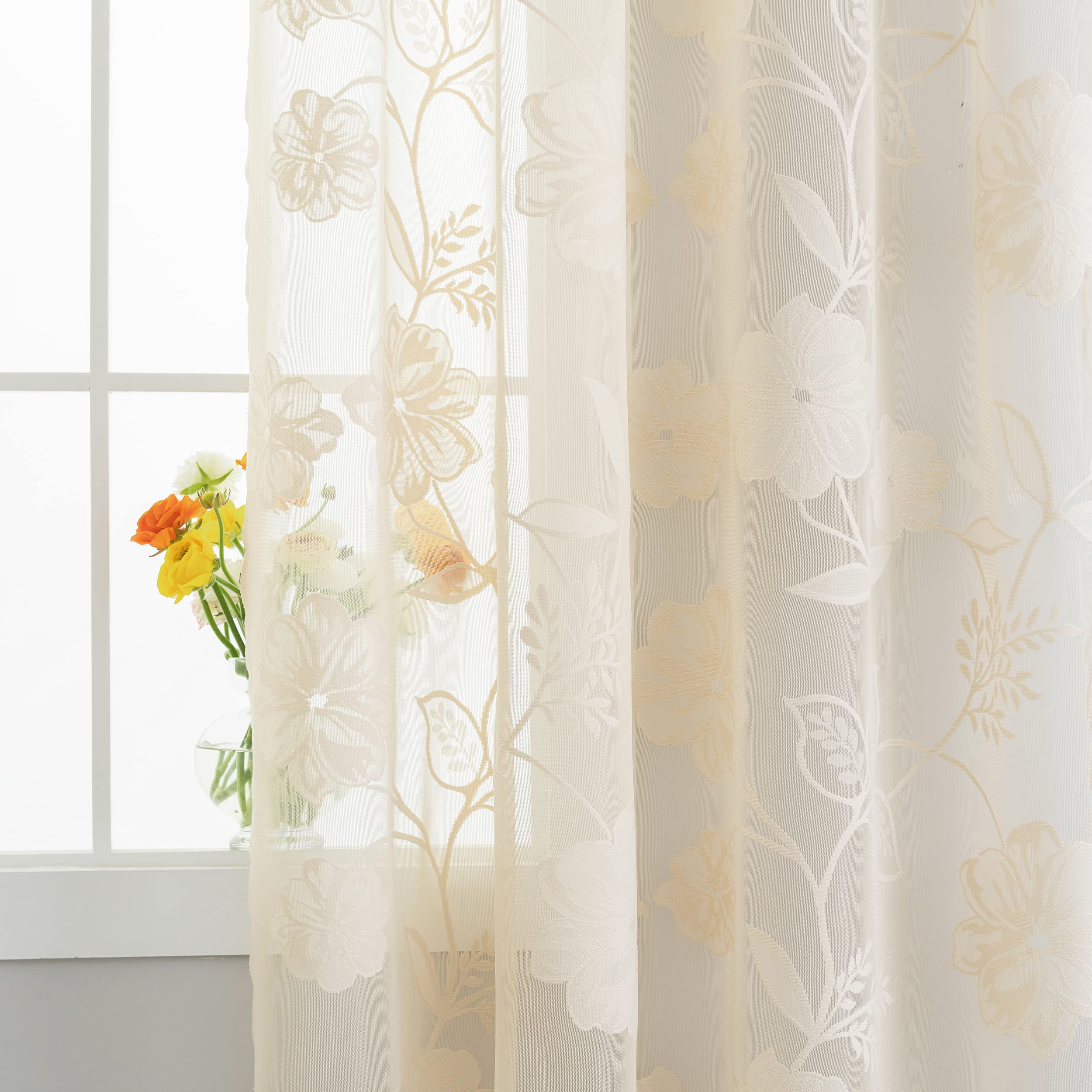 Tende beige semitrasparenti con pizzo per camera da letto, 228,6 cm di lunghezza, stile country chic, motivo floreale di rose, ricamate, trasparenti, tende per soggiorno, finestre a foglia, tende con