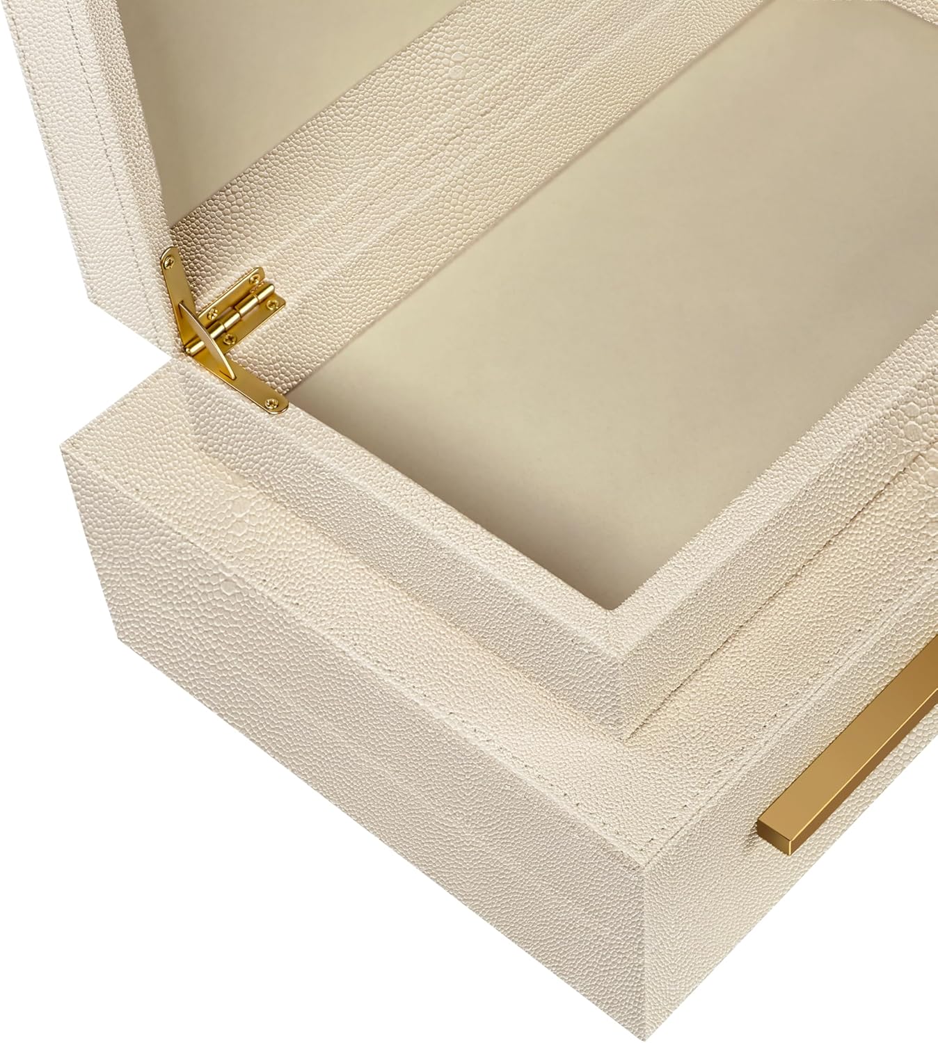 Sagala Set of 2 Beige Shagreen Decorative Boxes With Gold Metal Handles, Faux Leather Jewelry Boxes Modern Storage Boxes Photo Boxes Memory Boxes Home Organizer (Beige-Gold Handle)