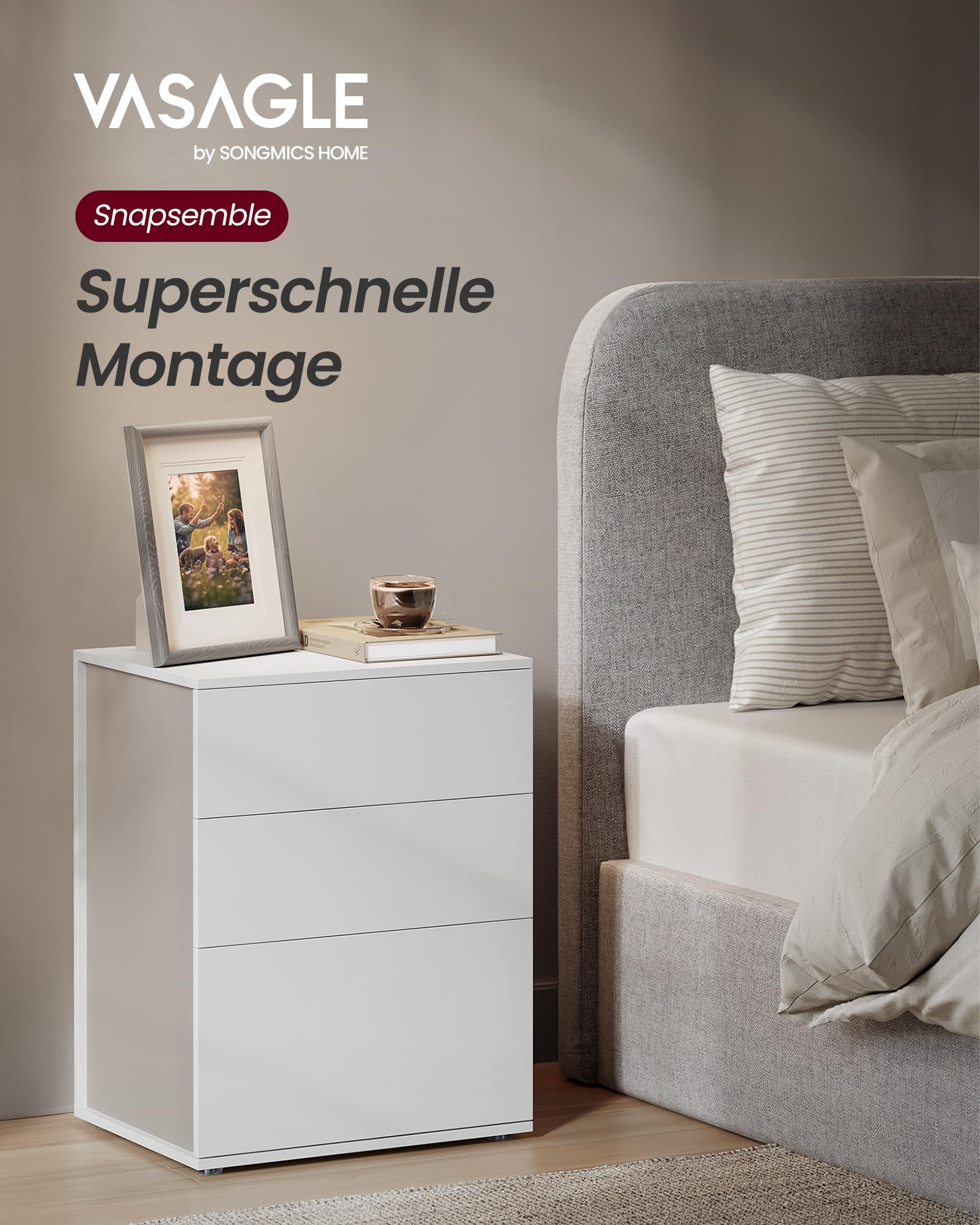 VASAGLE Nachttisch, Snapsemble – superschnelle Montage, Beistelltisch 3 Schubladen, Nachtschrank, Schlafzimmer, Wohnzimmer, mattweiß-cappuccinobeige LET778W01