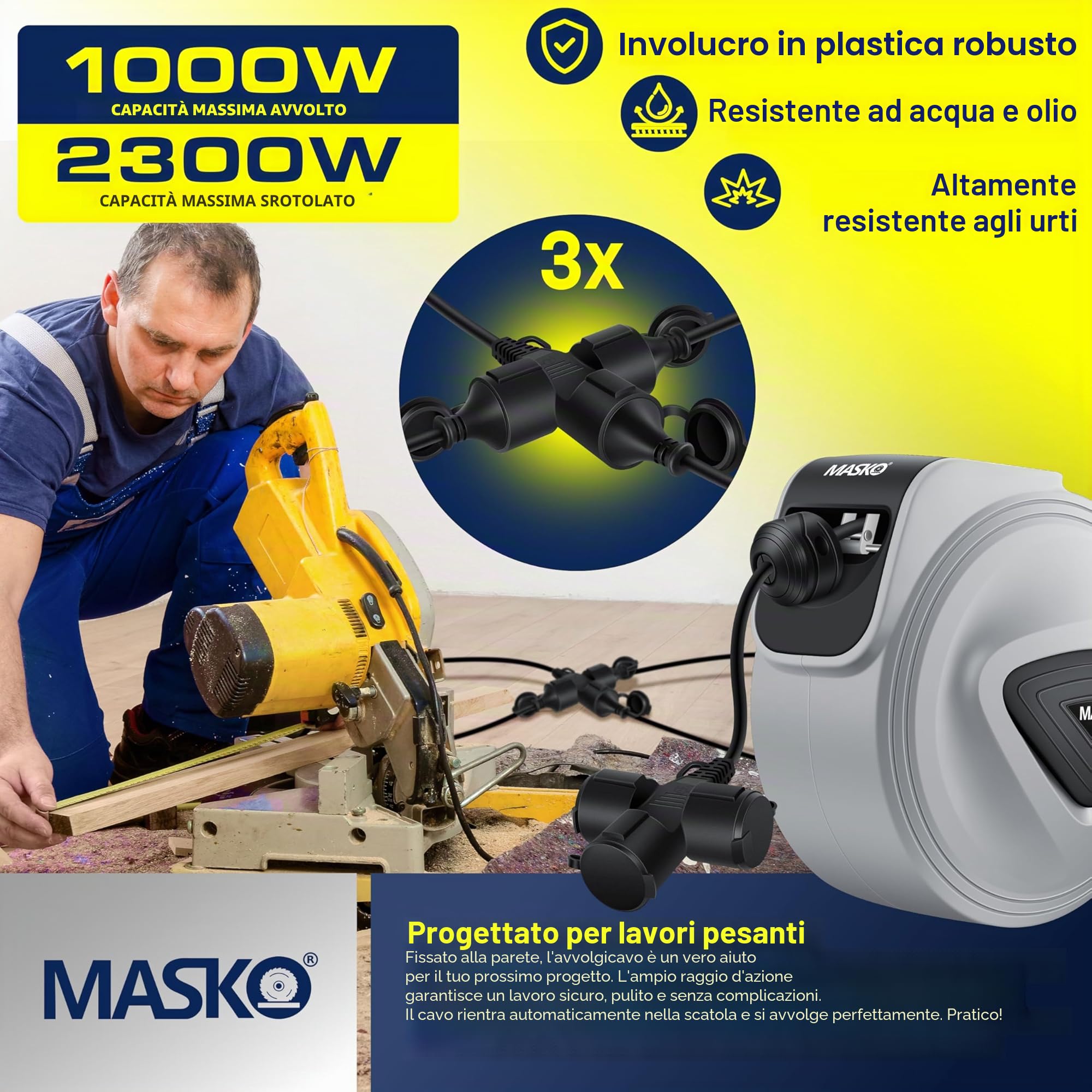 MASKO® Avvolgicavo automatico Cavo di prolunga con collegamento a 3 vie Ruotabile di 180° Cavo da 1,5 m Staffa a muro Avvolgicavo da officina Avvolgitore di corrente automatico Incl. guanti - 15 m