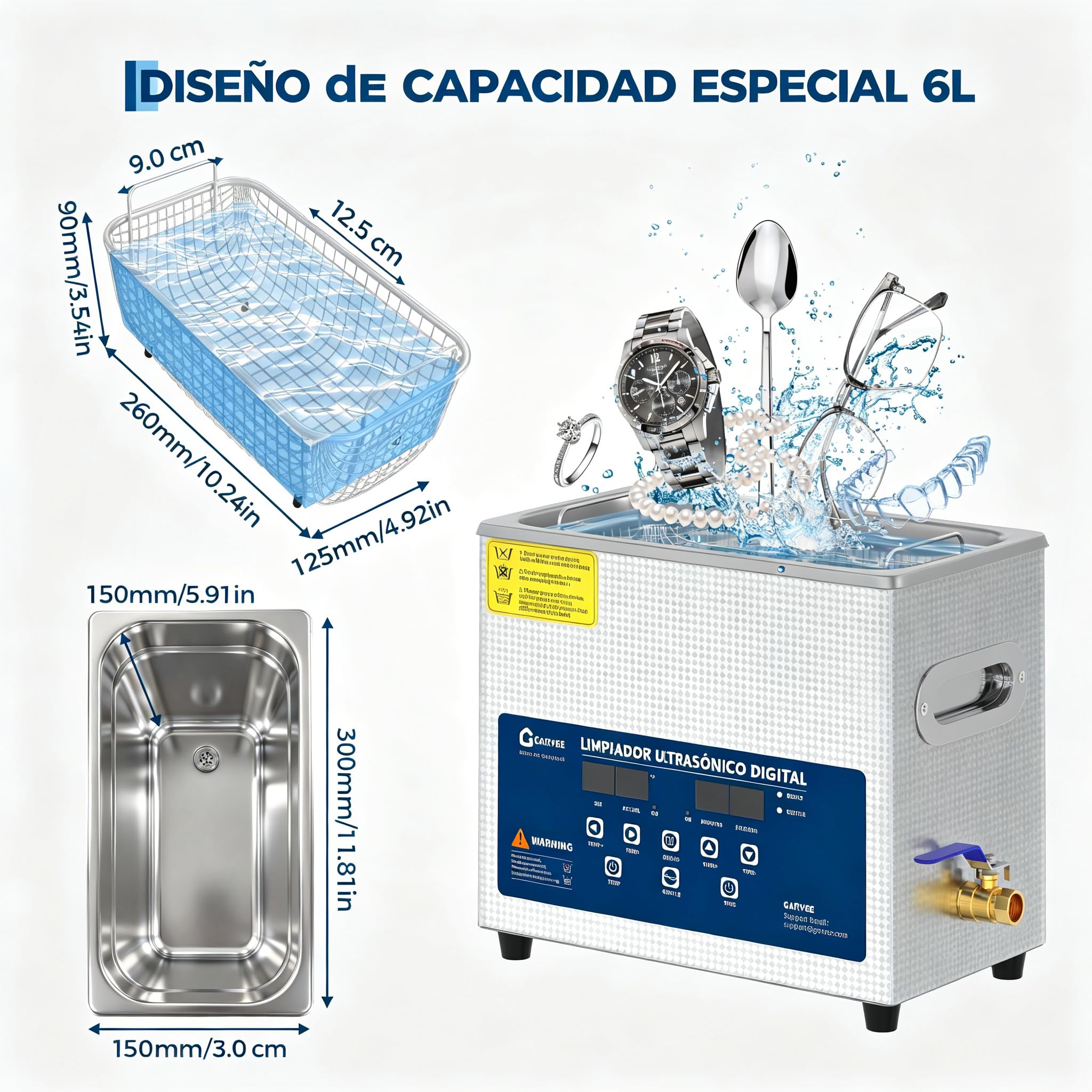 Garvee Limpiador Ultrasónico 6L 40kHz 60W, Máquina de Limpieza por Ultrasonidos en Acero Inoxidable 304, Panel Digital con Temporizador Ajustable 0-30 Min y Cesta para Joyas, Relojes, Gafas y Dental