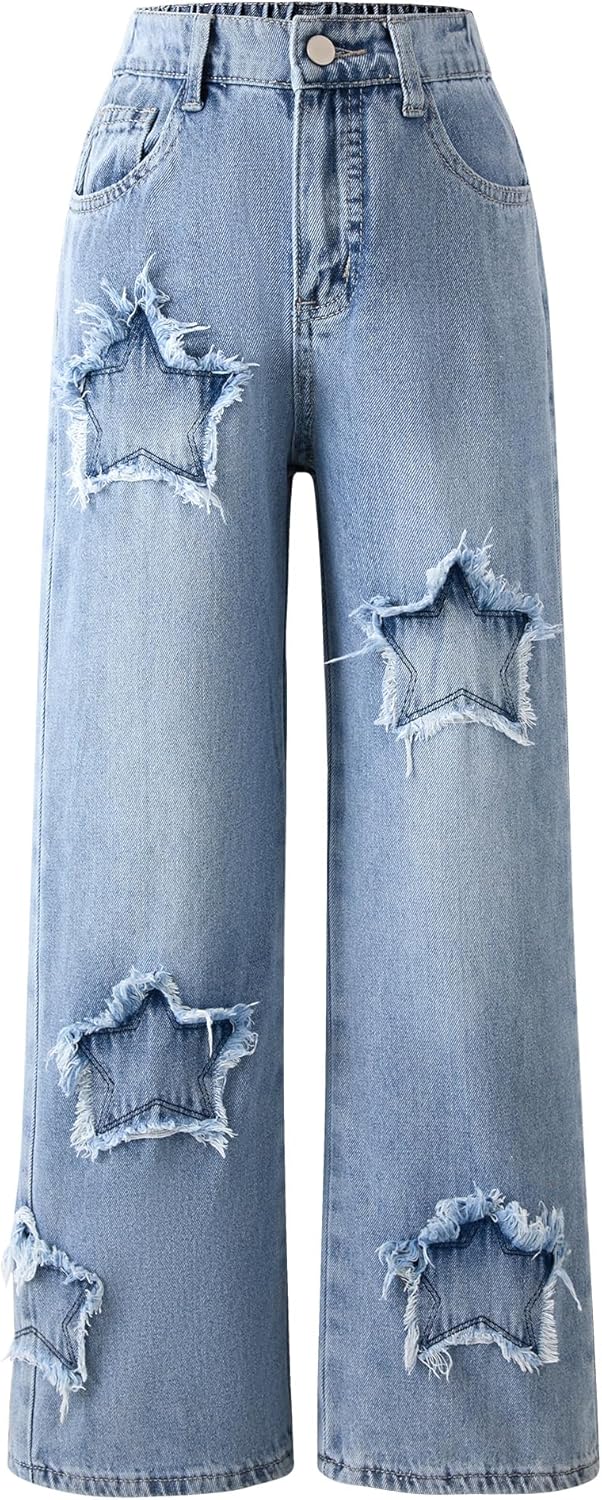 Jeans for Girls Baggy Wide Leg Cute Bow High Elastic Waisted Denim Pants Y2K Boyfriend Skater Streetwear 7-14Y Star-blue 11-12 Years